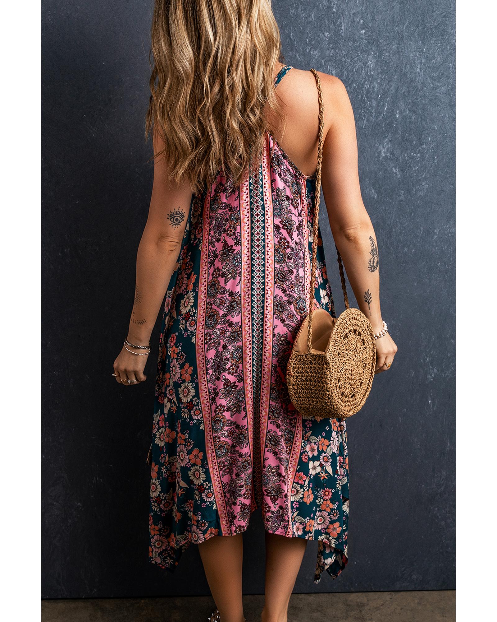V539-AZEXDC6120224-P1020-S-202506141332-00 Pink Bohemian Floral Patchwork Print Long Sundress - S - Image 1