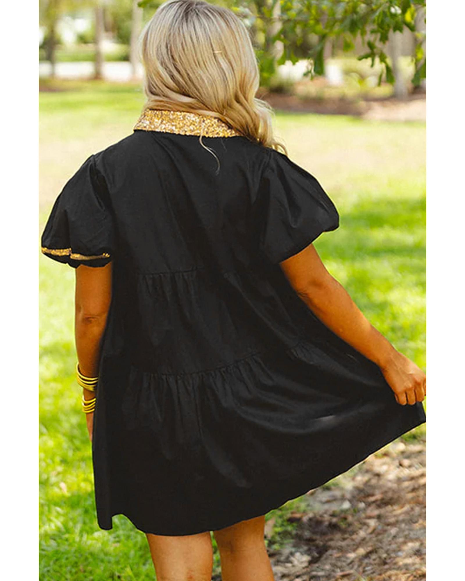 V539-AZEXDC6120476-P2-M-202508300635-00 Black Glistening Easter Egg Sequin Trim Half Button Puff Sleeve Dress - M - Image 1