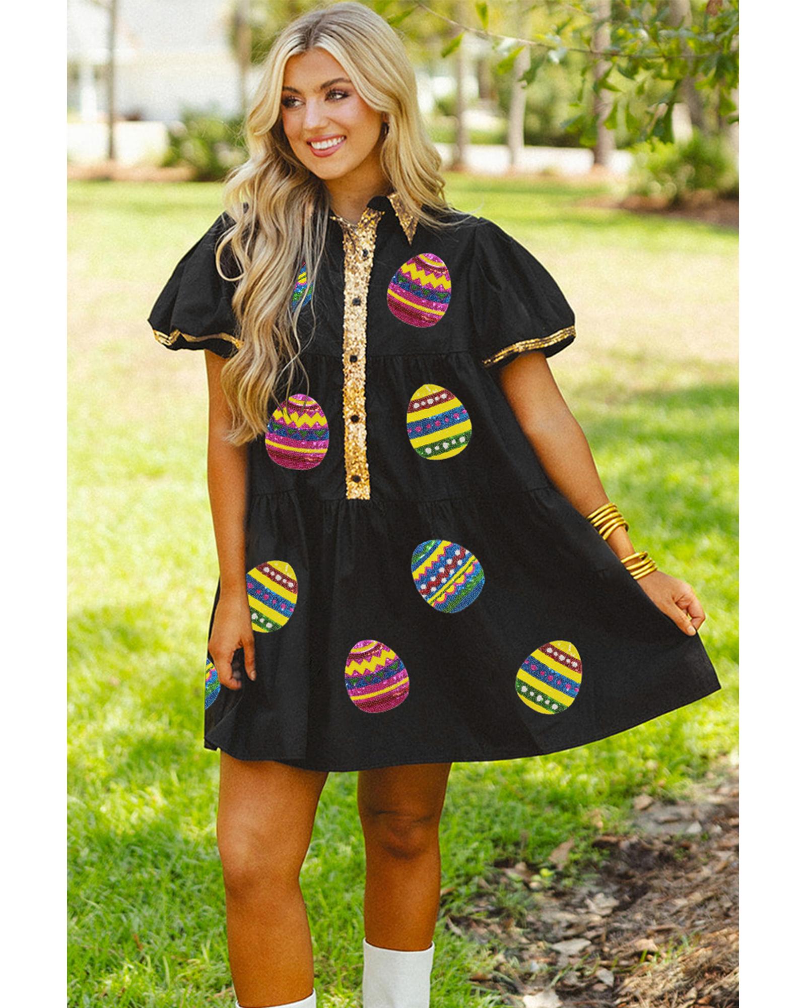 V539-AZEXDC6120476-P2-XL-202508280235-00 Black Glistening Easter Egg Sequin Trim Half Button Puff Sleeve Dress - XL - Image 1