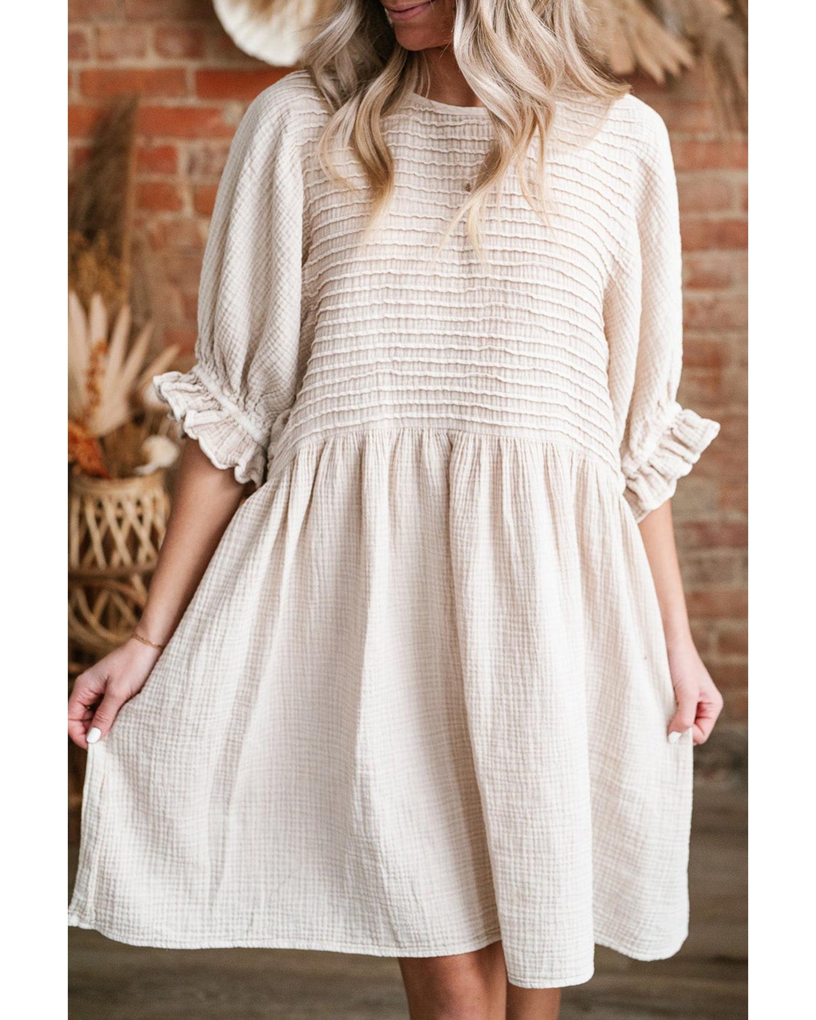 V539-AZEXDC6120591-P101-S-202506141916-00 White Textured Ruffled Puff Sleeve Loose Dress - S - Image 1