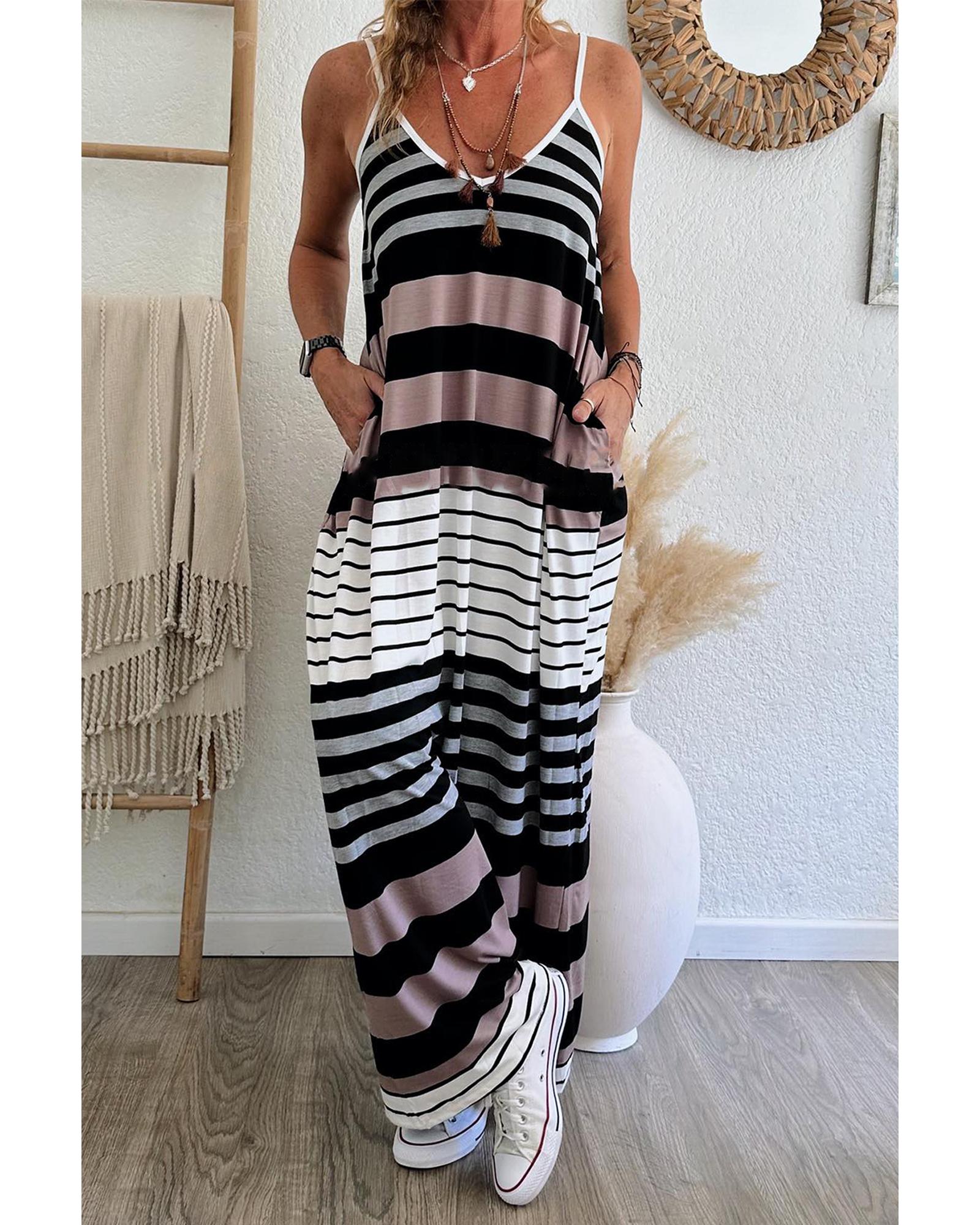 V539-AZEXDC6120606-P22-L-202508292155-00 Multicolour Mixed Stripes Spaghetti Straps V Neck Maxi Dress - L - Image 1