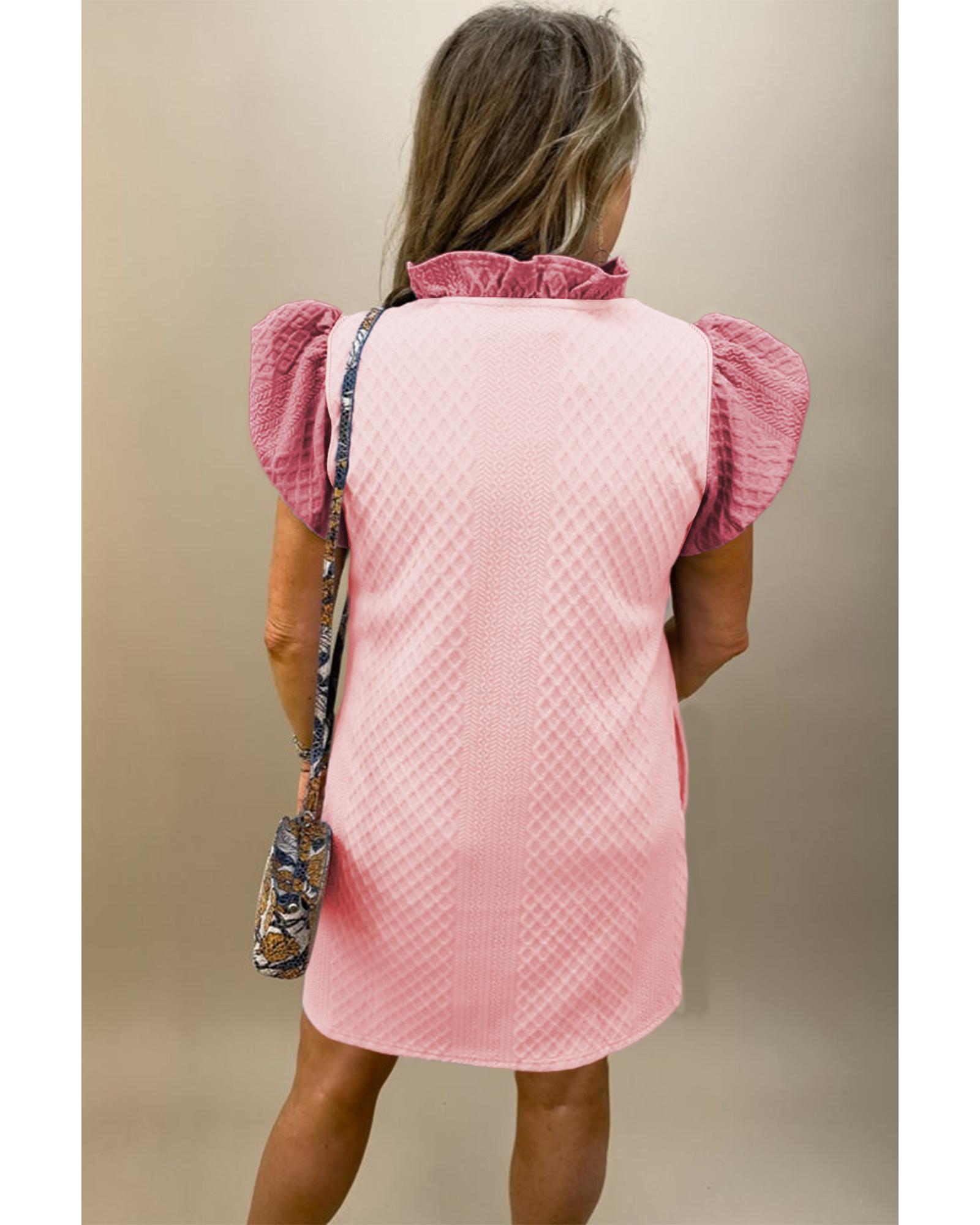 V539-AZEXDC6120635-P1010-L-202508300150-00 Light Pink Textured Puff Sleeve Ruffled V Neck Shift Mini Dress - L - Image 1