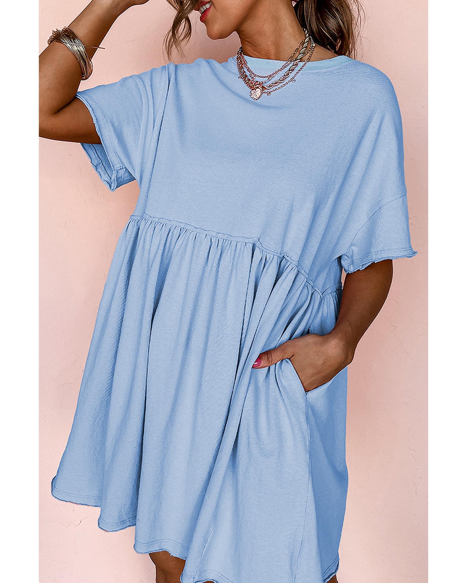 V539-AZEXDC6120695-P304-M-202508280120-00 Sky Blue Solid Color Pocketed Raw Edge Babydoll Dress - M - Image 1