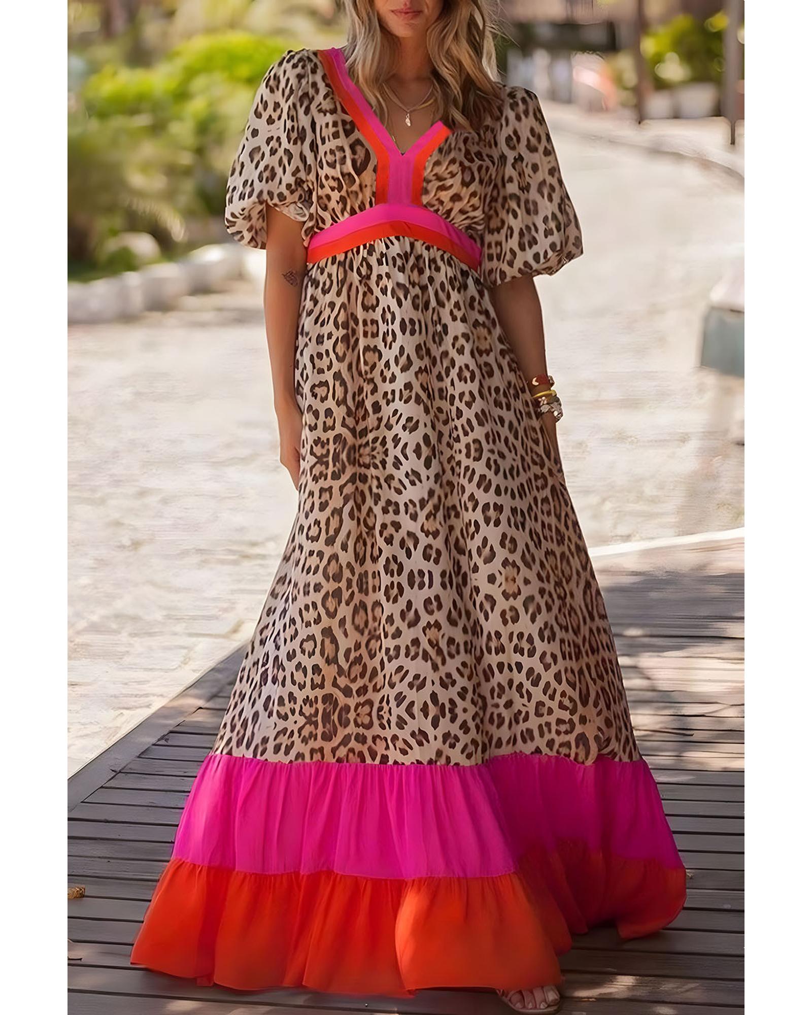 V539-AZEXDC6120706-P106-M-202508280850-00 Bright Pink Leopard Colorblock Patchwork Bubble Sleeve Maxi Dress - M - Image 1
