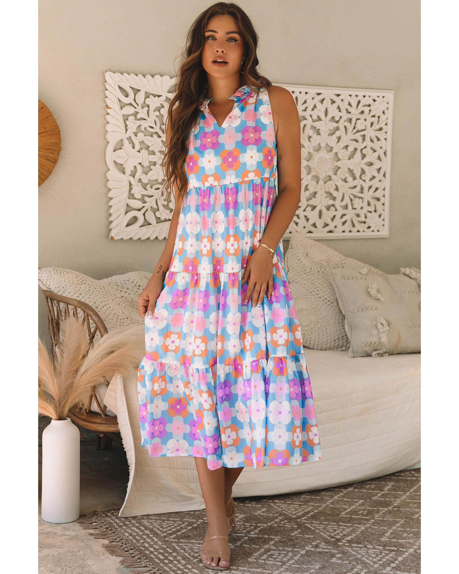 V539-AZEXDC6120885-P420-L-202508292035-00 Sky Blue Floral Print Frilly Neck Sleeveless Tiered Maxi Dress - L - Image 1