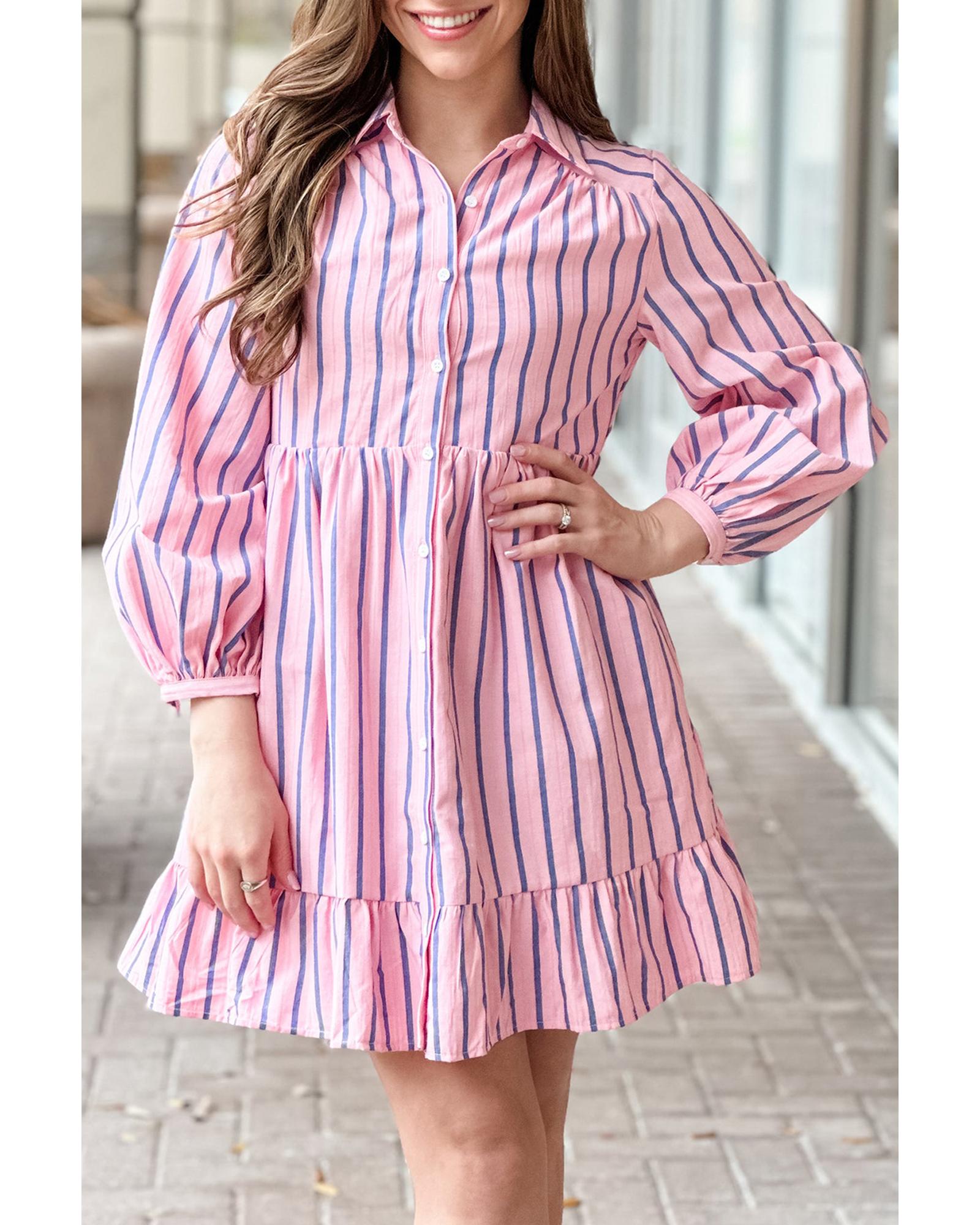 V539-AZEXDC6120998-P1019-XL-202508281230-00 Pink Stripe Ruffled Hem Button-up Collared Shirt Mini Dress - XL - Image 1