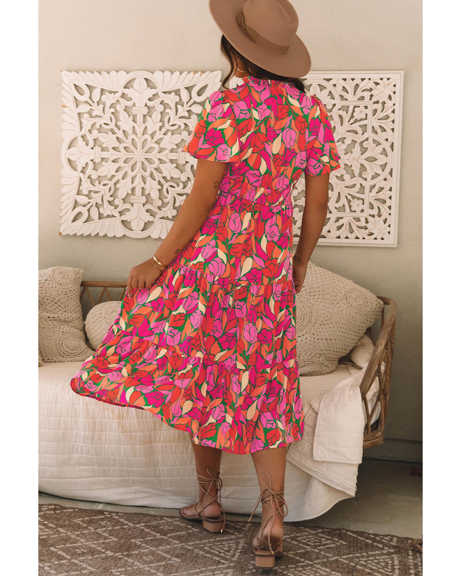 V539-AZEXDC6121009-P620-S-202506141625-00 Rose Floral Short Sleeve Smocked Waist Maxi dress - S - Image 1