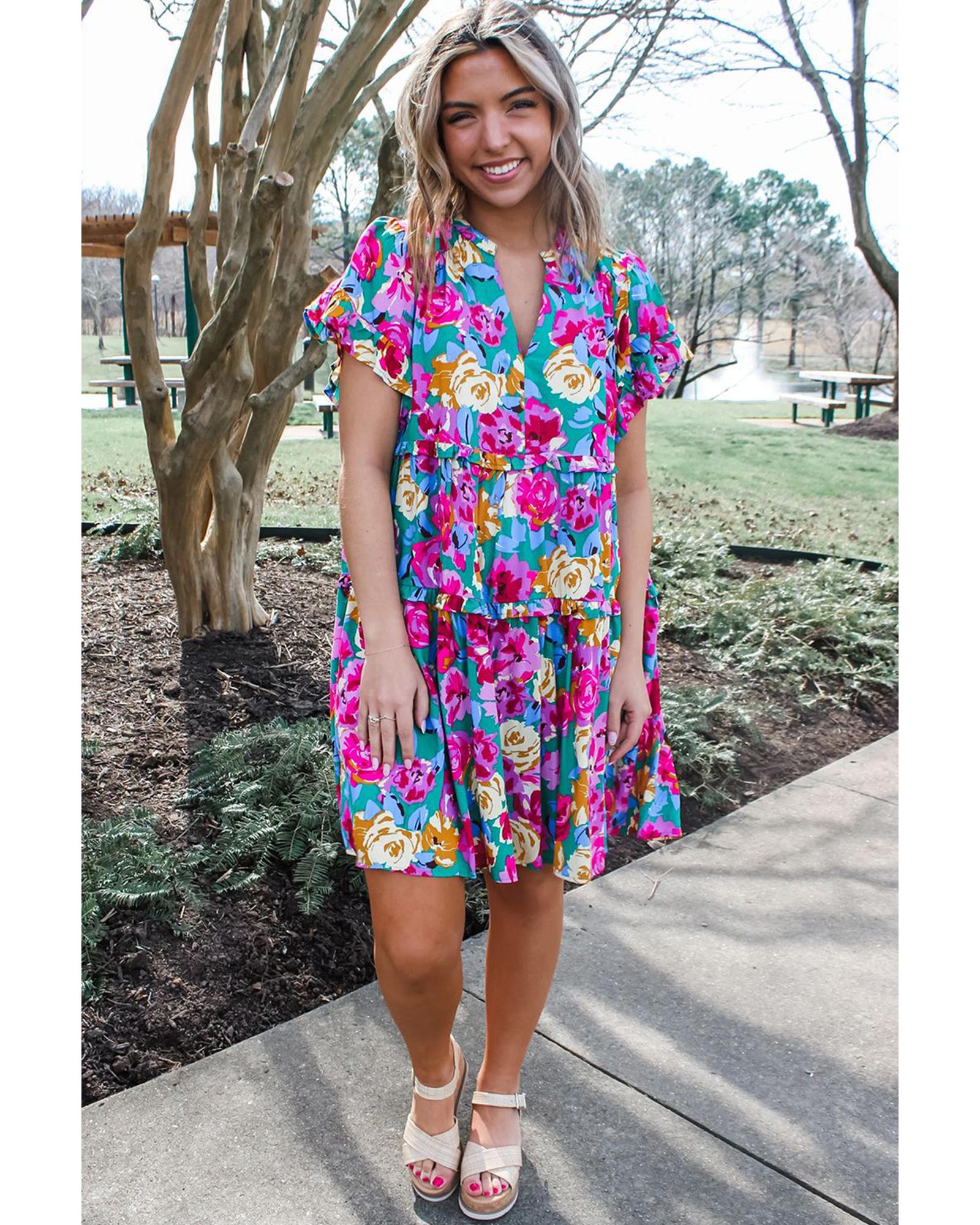 V539-AZEXDC6121053-P922-M-202508291725-00 Green Rose Floral Print Ruffled Short Dress - M - Image 1