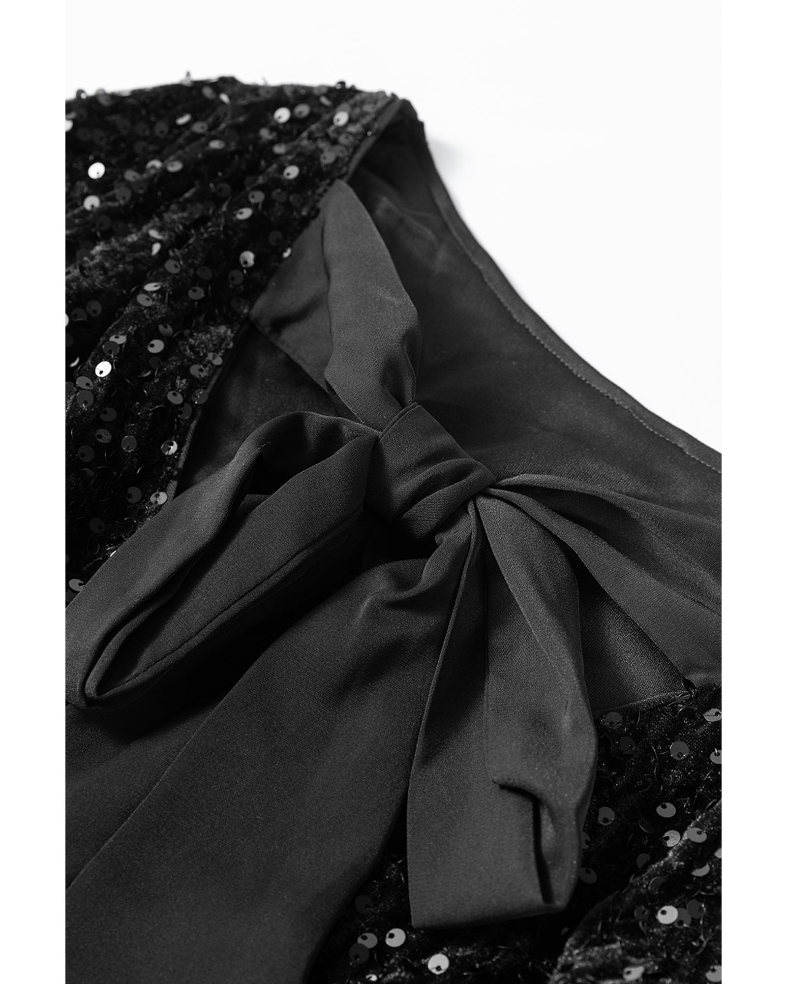 V539-AZEXDC6121351-P2-L-202508282010-00 Black Sequin Long Sleeve Knot Cutout Back Mini Dress - L - Image 1