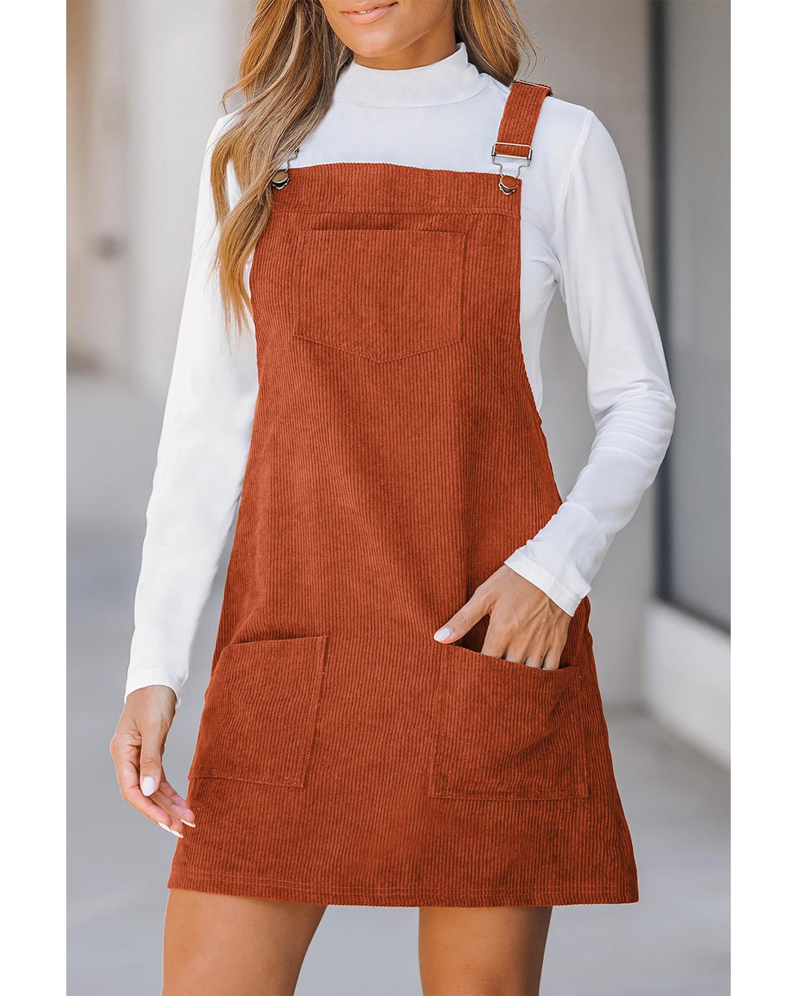 V539-AZEXDC6121362-P1317-L-202508281405-00 Cinnamon Solid Front Pockets Sleeveless Corduroy Overall Dress - L - Image 1
