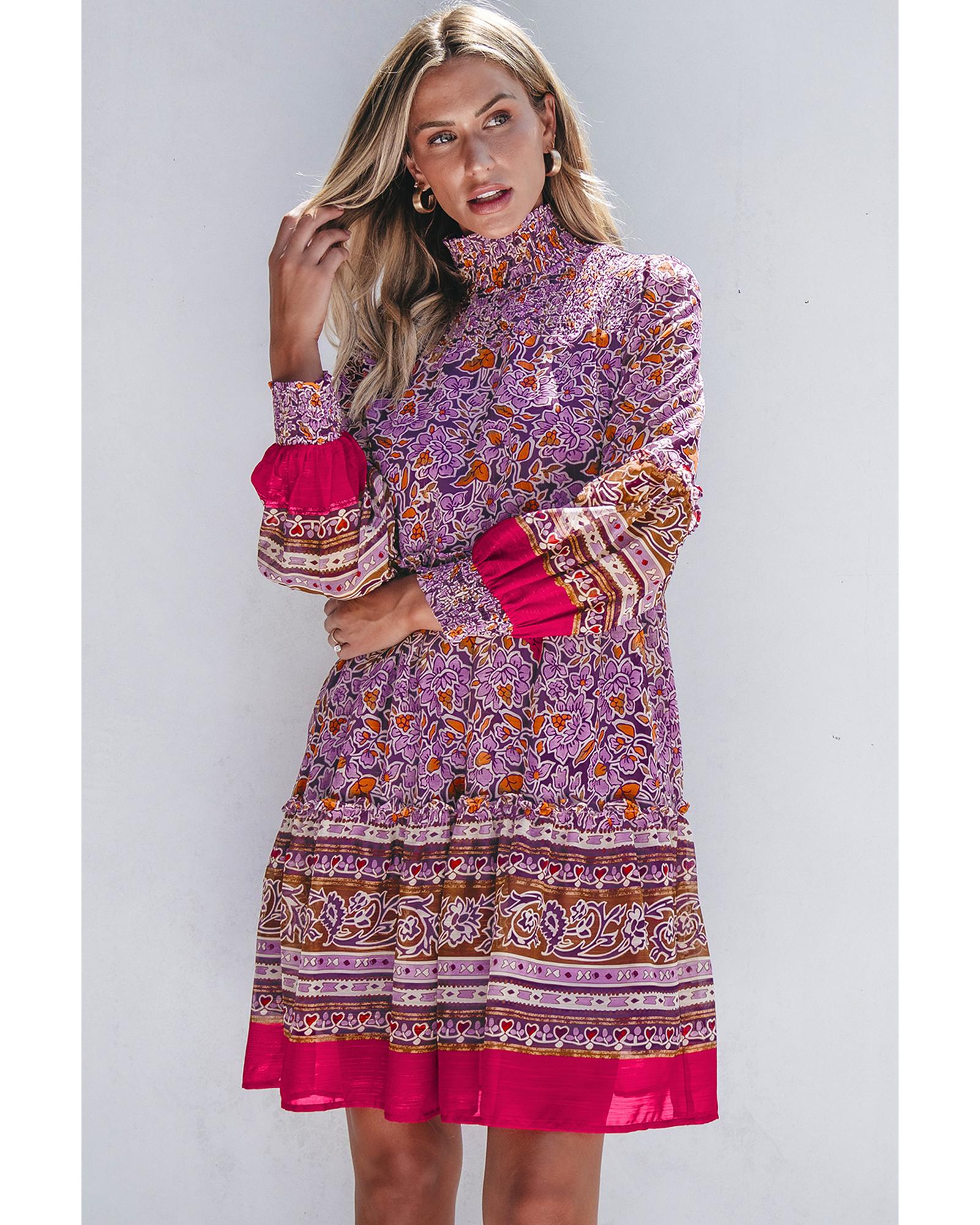 V539-AZEXDC6121376-P820-XL-202508300215-00 Purple Floral Smocked Puff Sleeve High Neck Mini Dress - XL - Image 1