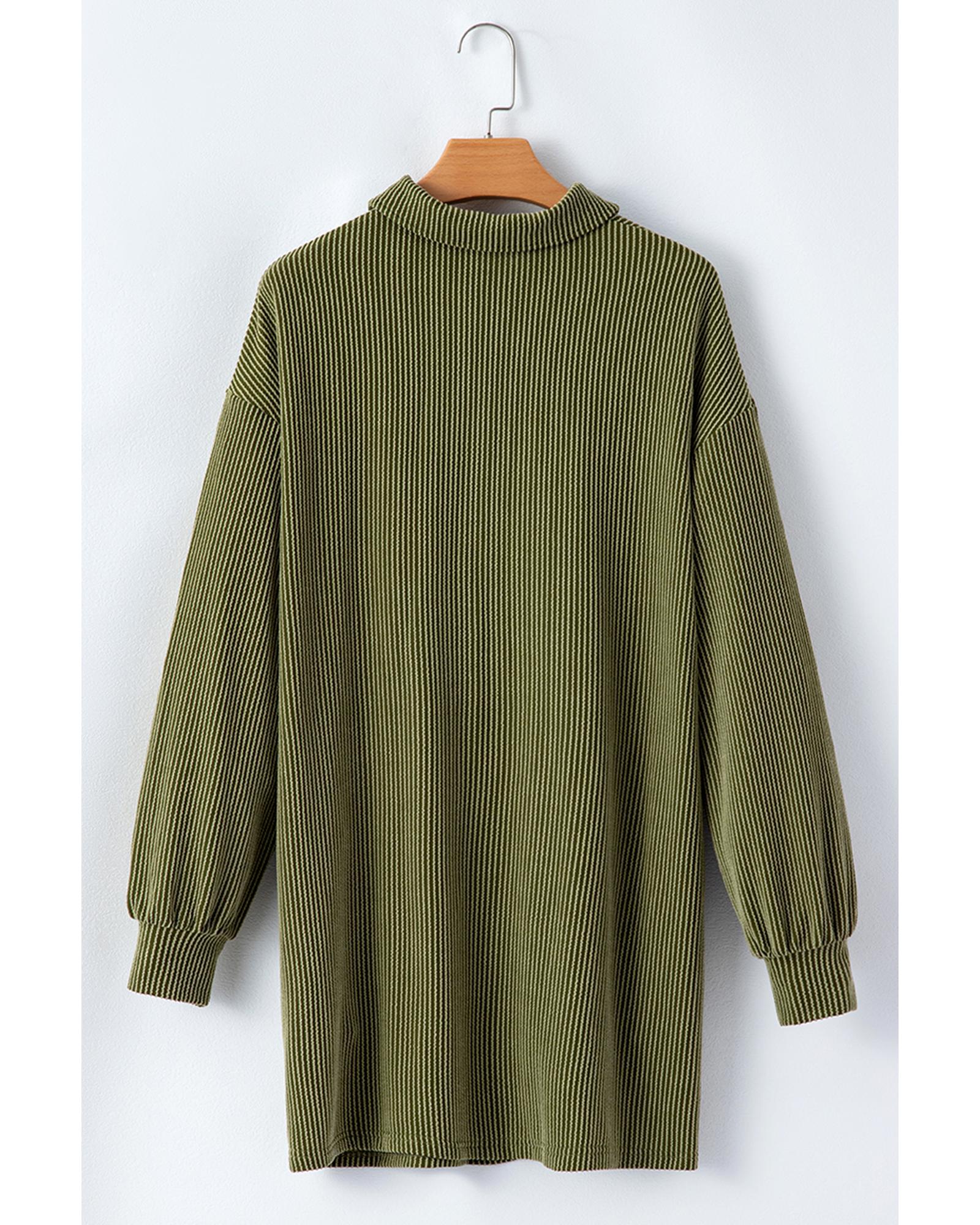 V539-AZEXDC6121428-P1609-M-202508280900-00 Moss Green Corded Buttons Placket Drop Shoulder Collared Shift Dress - M - Image 1