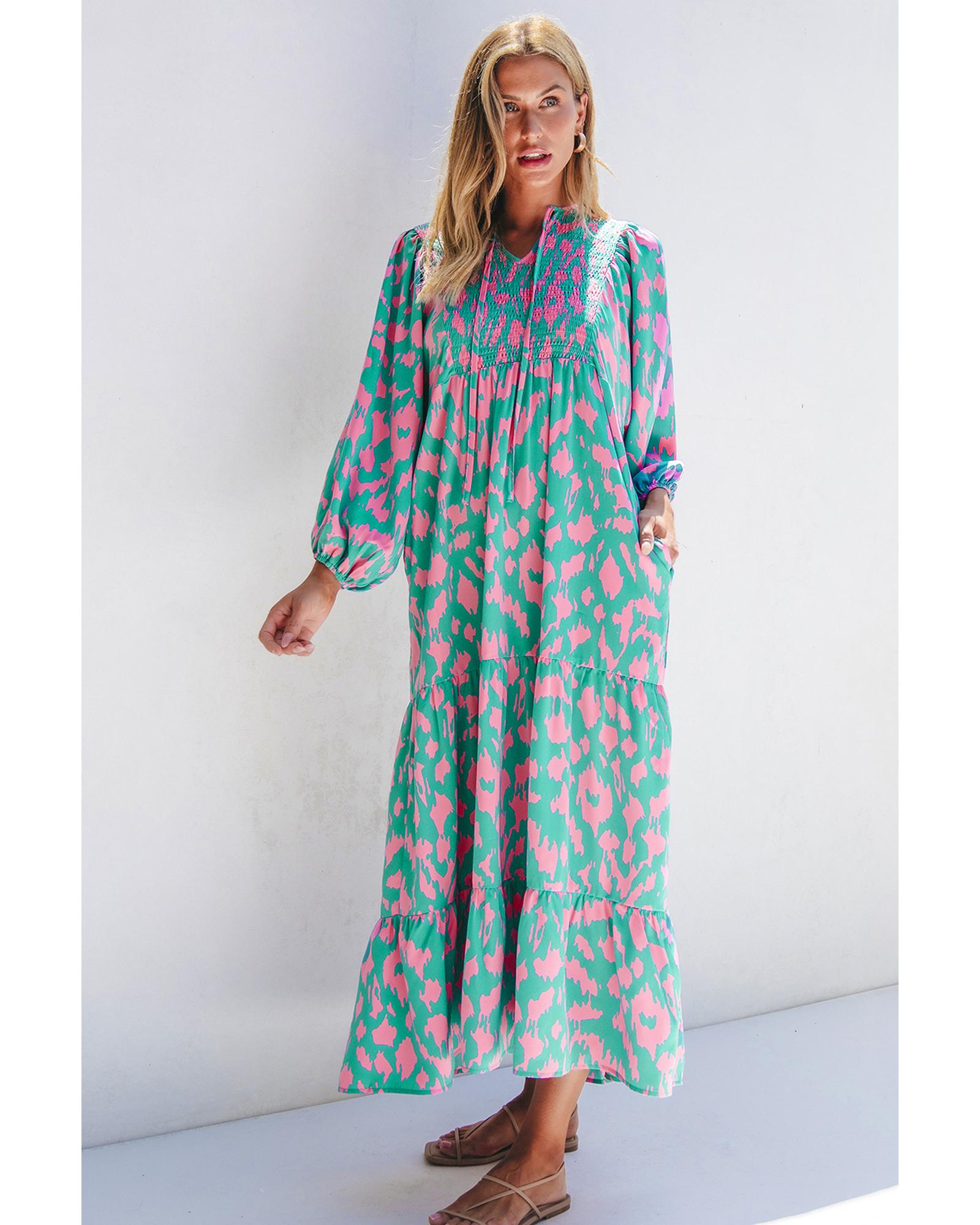V539-AZEXDC6121461-P920-M-202508290040-00 Green Abstract Print Puff Sleeve Tied Notched Neck Long Dress - M - Image 1