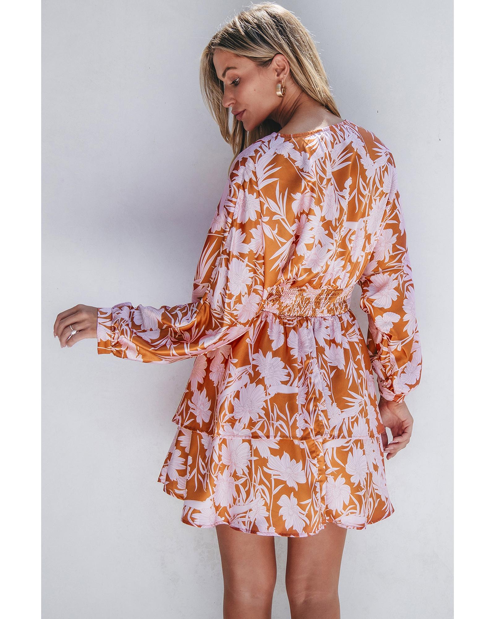 V539-AZEXDC6121462-P1720-S-202506141805-00 Brown Floral Puff Sleeve Smocked Waist Layered Dress - S - Image 1