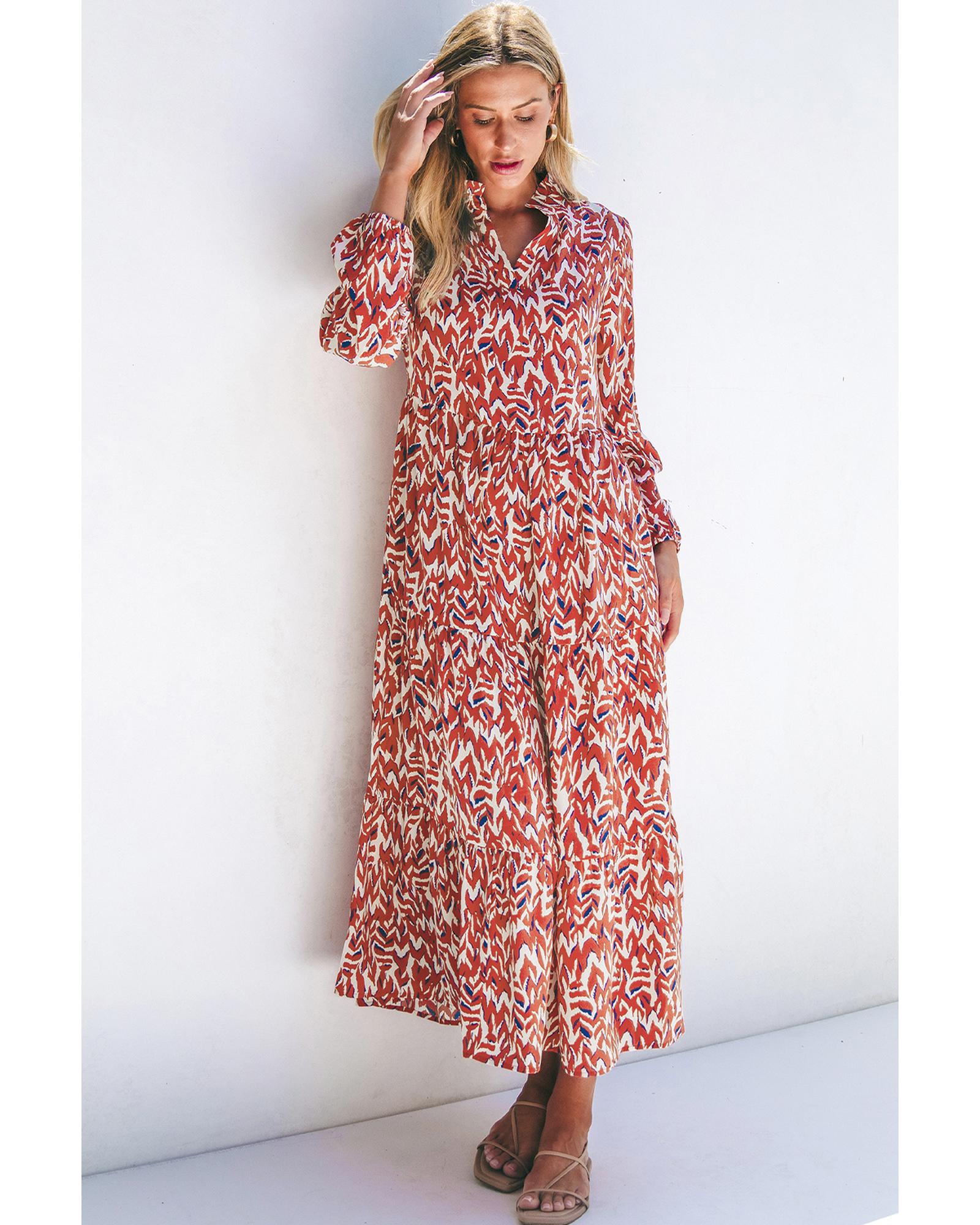 V539-AZEXDC6121493-P1420-XL-202508281040-00 Orange Abstract Print V Neck Pleated High Waist Midi Dress - XL - Image 1