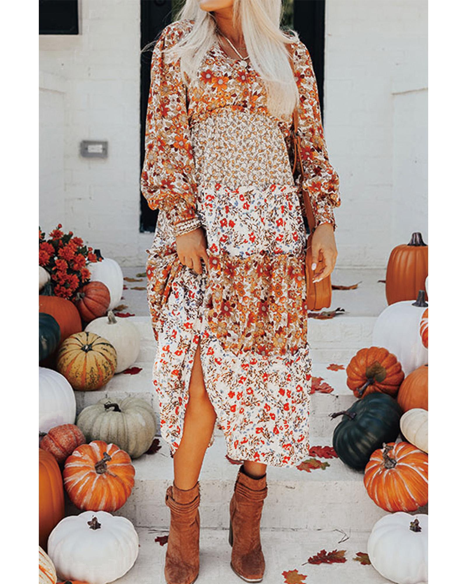 V539-AZEXDC6121496-P1620-M-202508281300-00 Khaki Floral Print Ruffled Tiered Long Sleeve V Neck Midi Dress - M - Image 1
