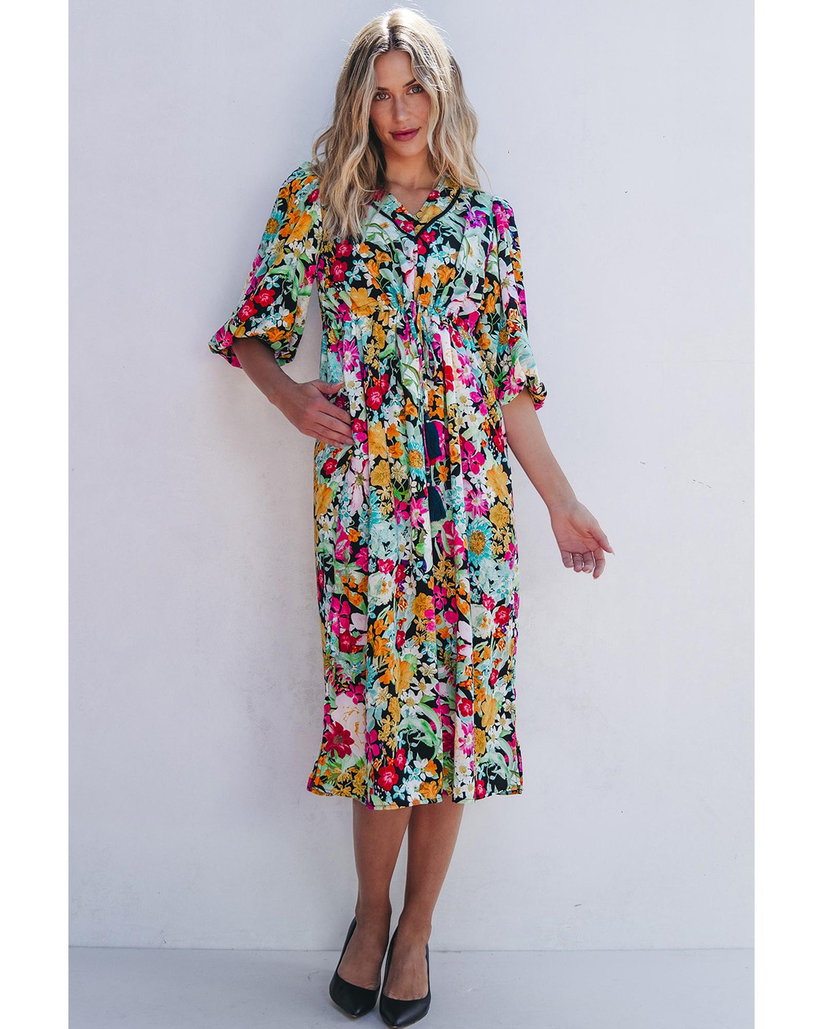 V539-AZEXDC6121498-P922-L-202506141826-00 Green Floral Puff Sleeve V Neck Tassel Drawstring Dress - L - Image 1
