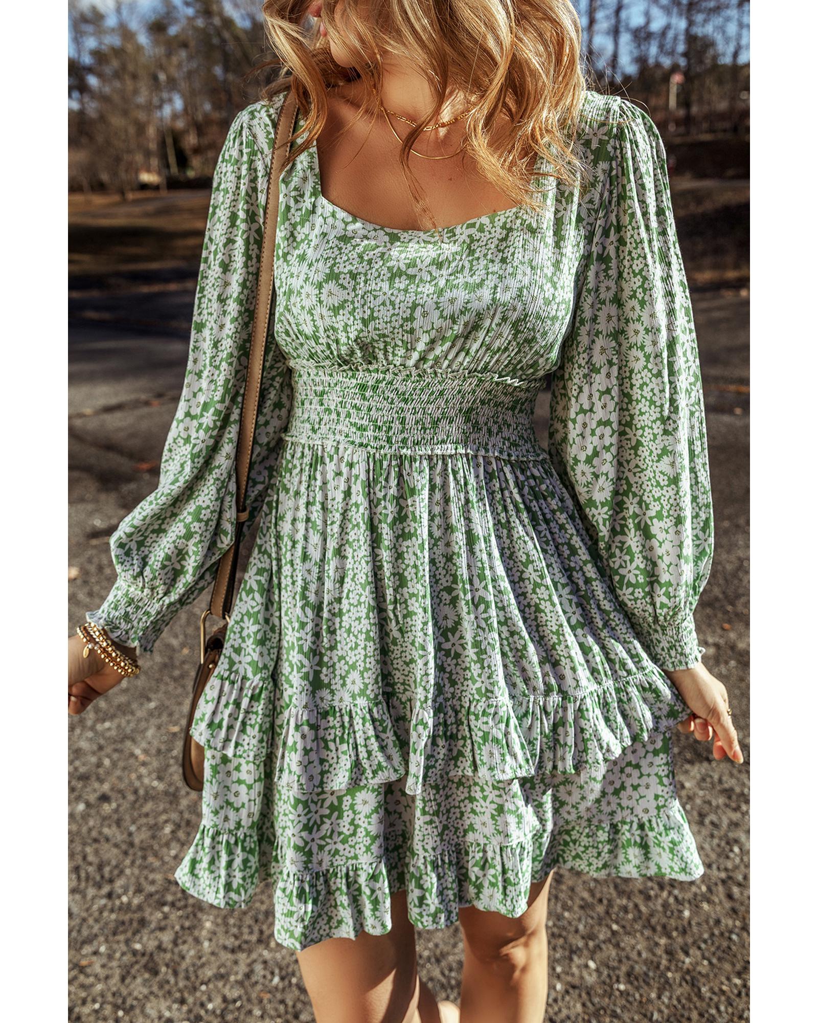 V539-AZEXDC6121574-P920-XL-202508281855-00 Green Floral Print Square Neck Shirred Waist Tiered Ruffled Mini Dress - XL - Image 1