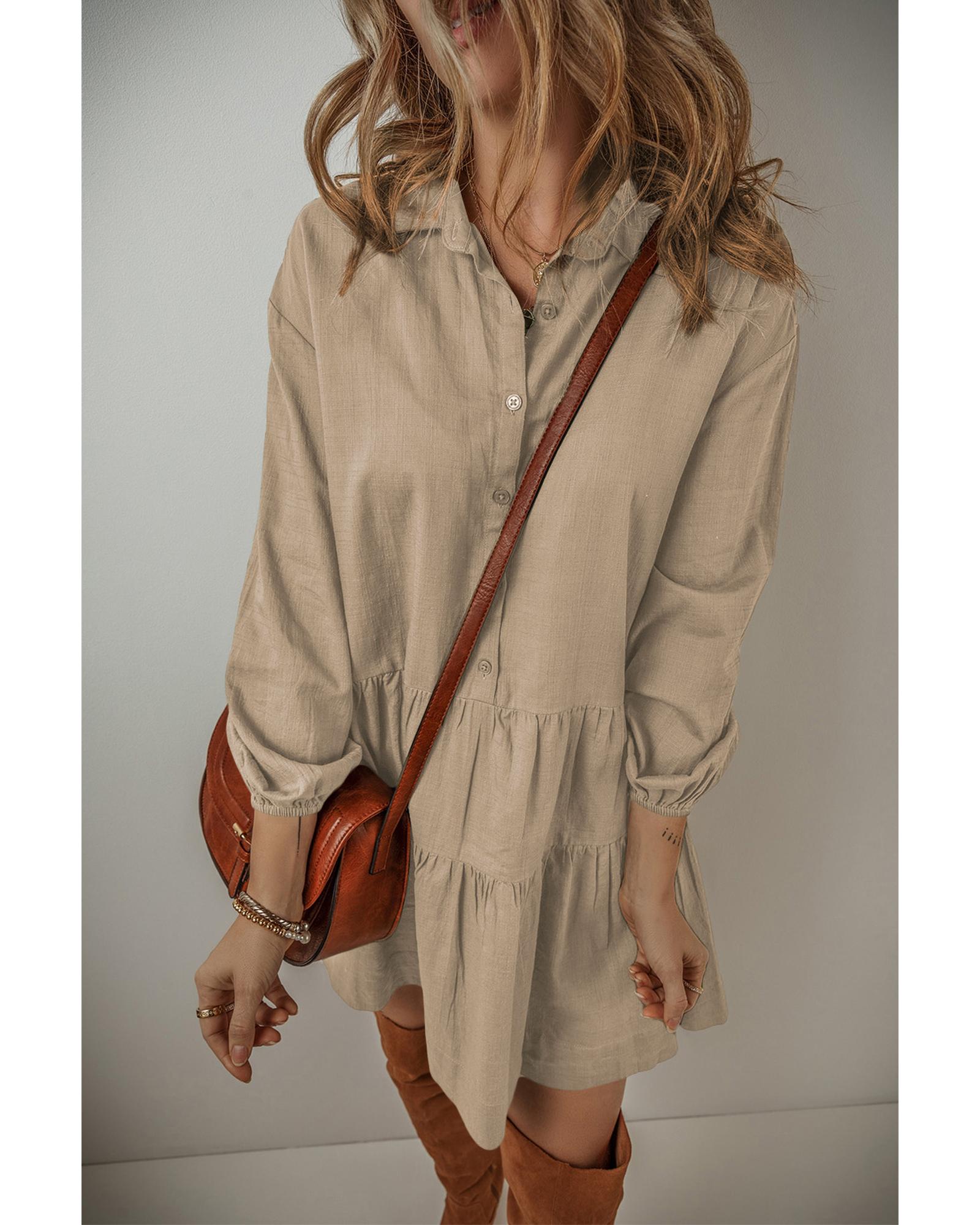 V539-AZEXDC6121586-P3016-M-202508291655-00 Tan Puff Sleeve Buttoned Tiered Pleated Shirt Mini Dress - M - Image 1