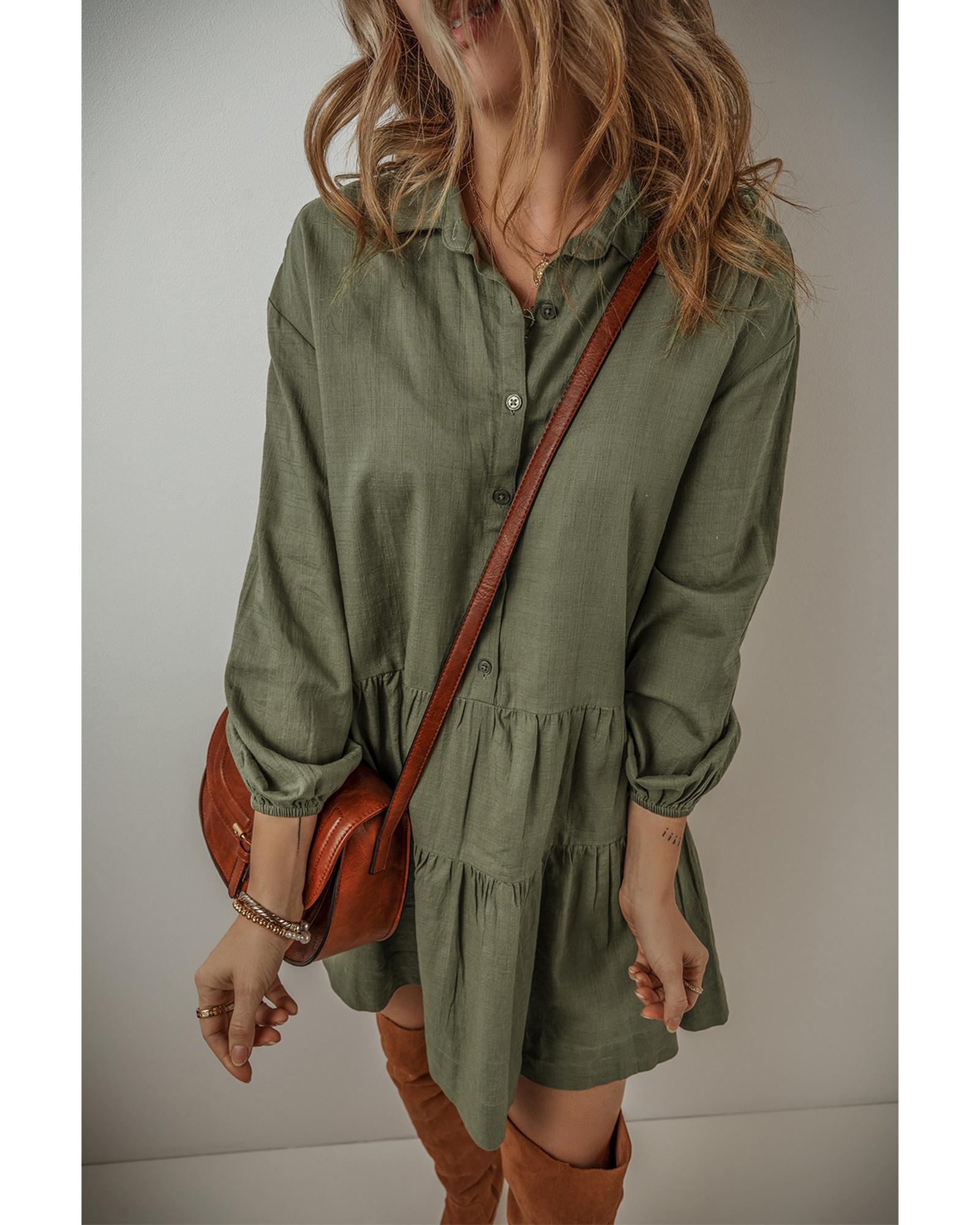 V539-AZEXDC6121586-P609-M-202508292206-00 Jungle Green Puff Sleeve Buttoned Tiered Pleated Shirt Mini Dress - M - Image 1