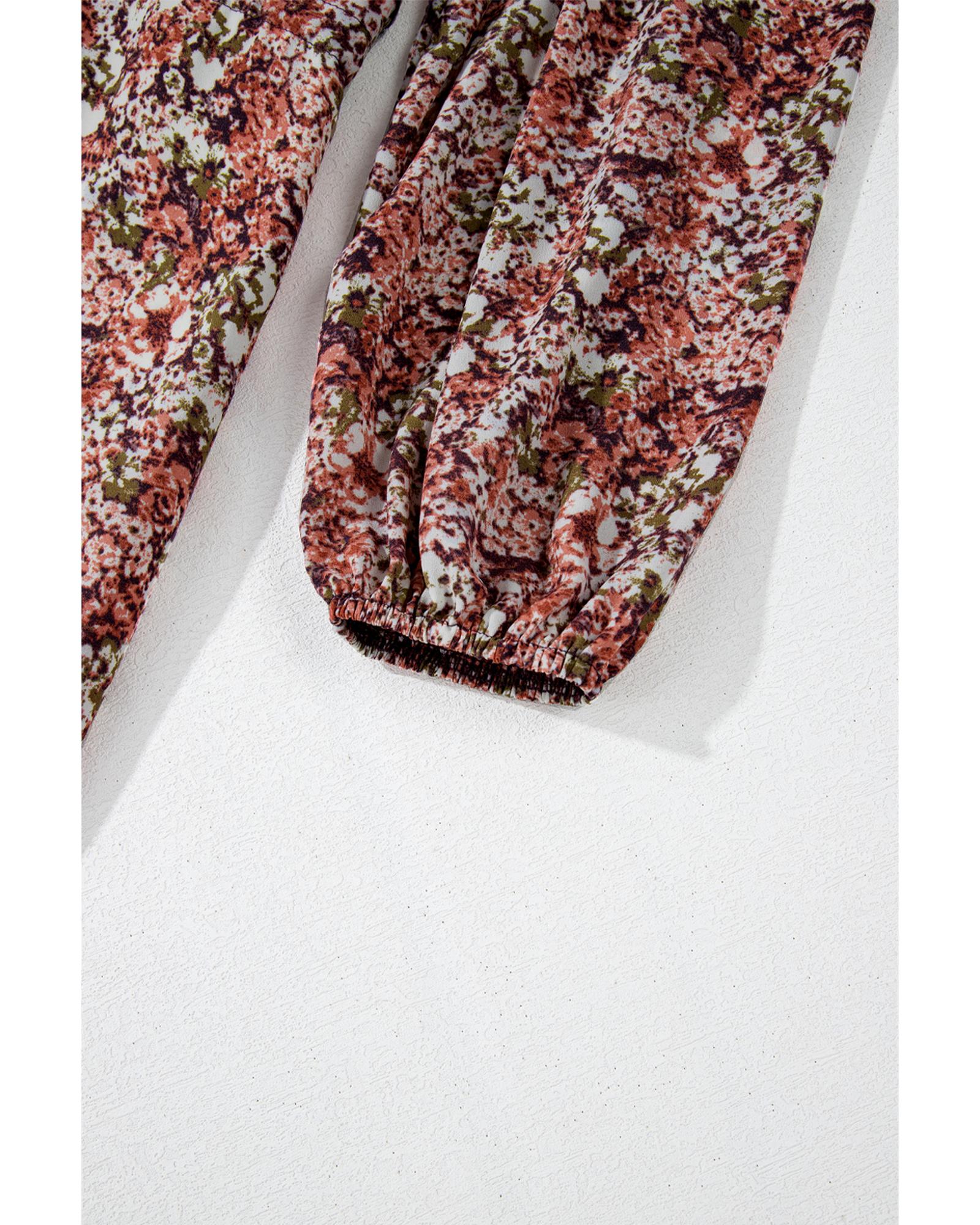 V539-AZEXDC6121609-P1720-L-202508300205-00 Brown Floral Print Split Front Tiered Frilled V Neck Midi Dress - L - Image 1