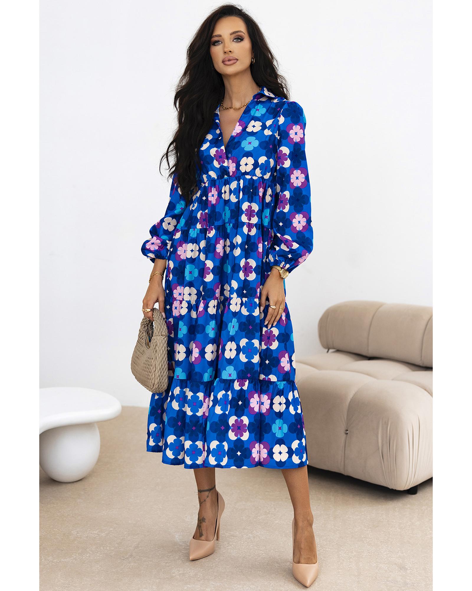 V539-AZEXDC6121719-P520-XL-202508292145-00 Blue Floral Peasant Sleeve Tiered Ruffle Midi Dress - XL - Image 1