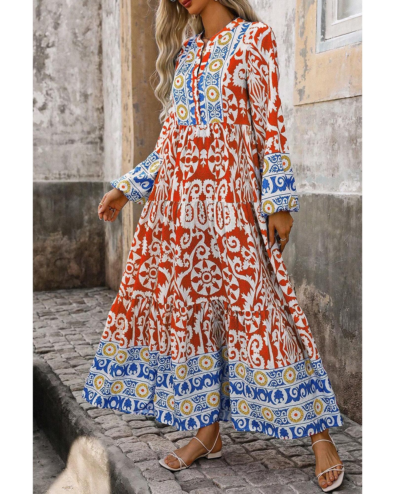 V539-AZEXDC6121726-P1420-L-202508292335-00 Orange Boho Geometric Printed Long Sleeve Maxi Dress - L - Image 1