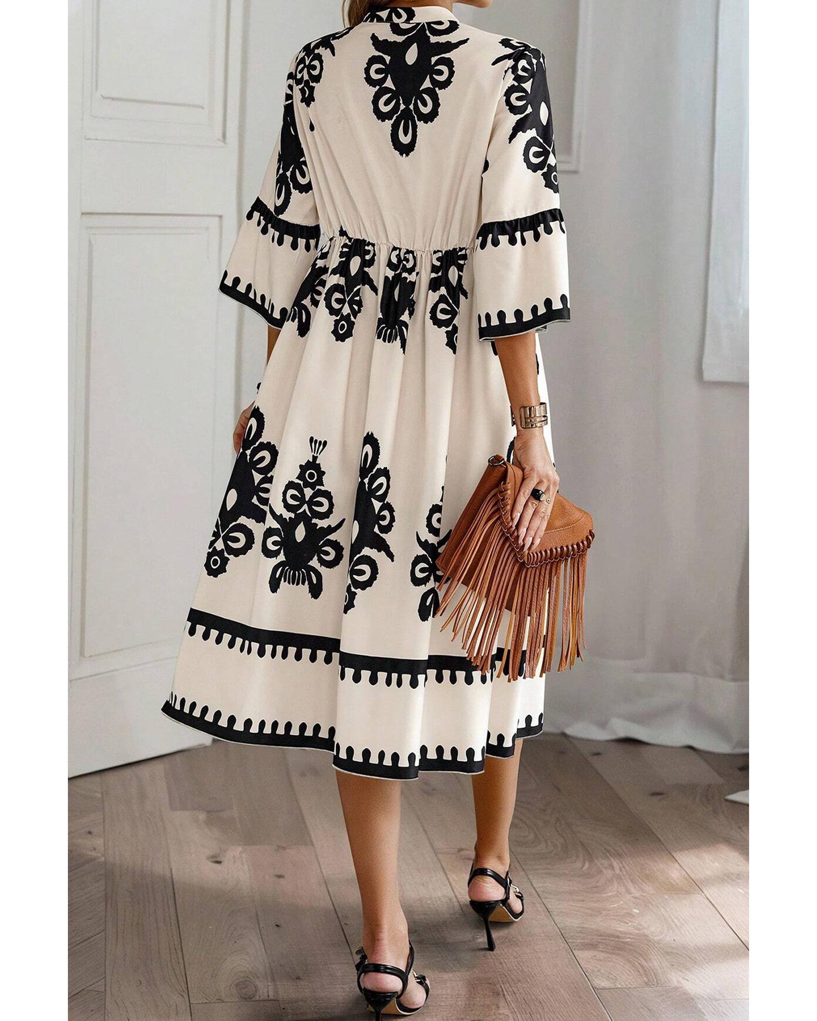 V539-AZEXDC6121729-P1520-M-202508280545-00 Beige Western Geometric Print 3/4 Sleeve Loose Midi Dress - M - Image 1