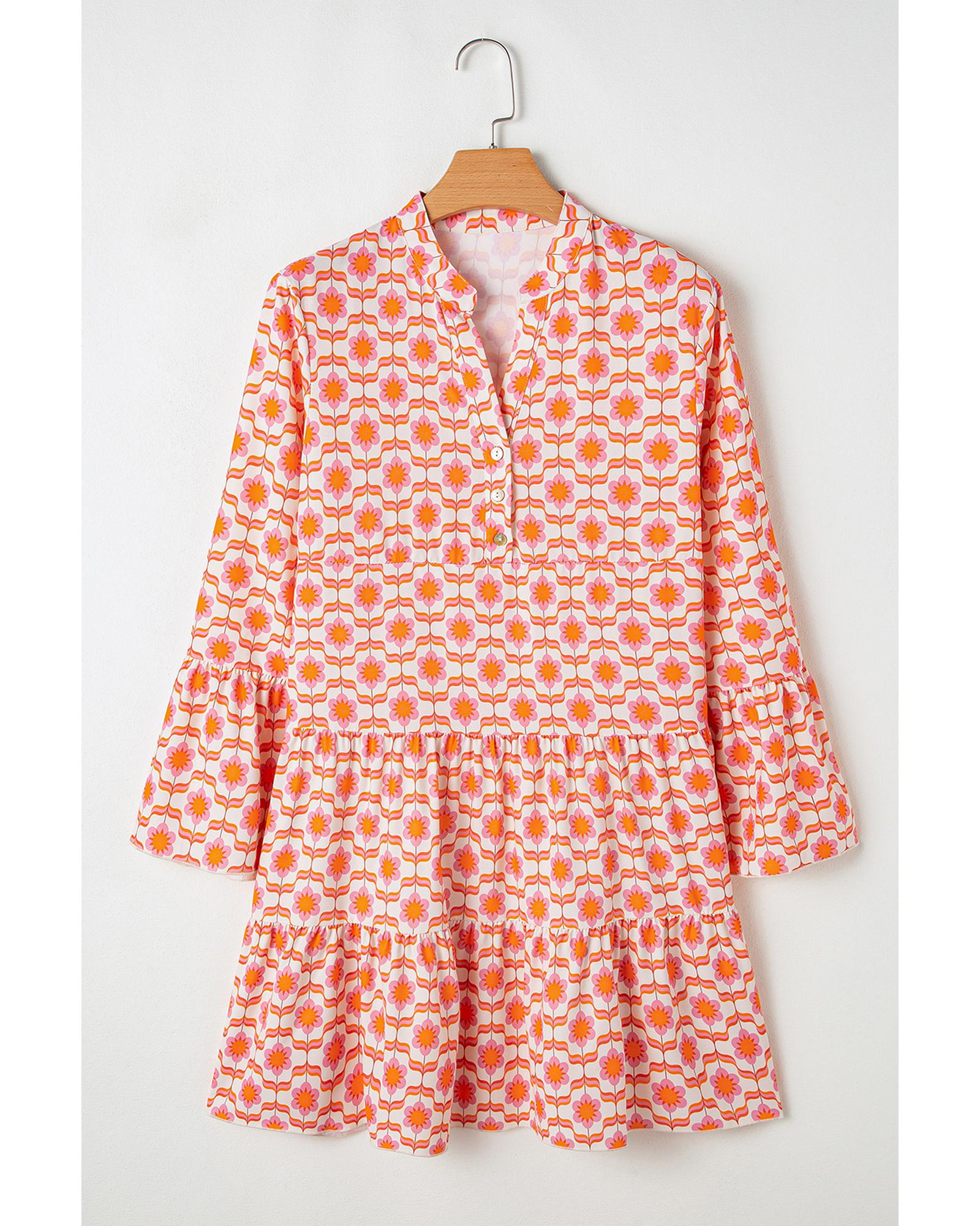V539-AZEXDC6121785-P1420-S-202508291840-00 Orange Floral Print Flounce Sleeve Buttoned Front Mini Dress - S - Image 1