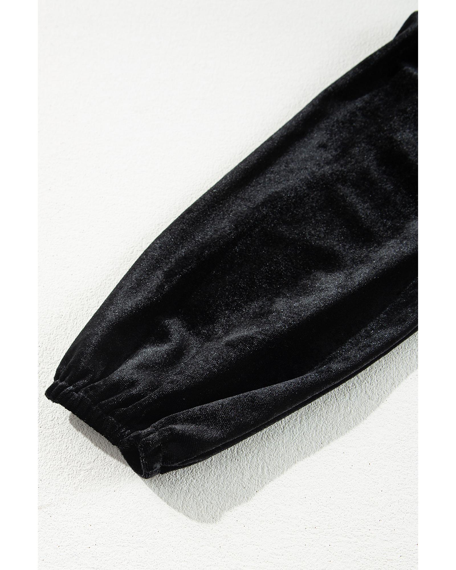 V539-AZEXDC6121799-P2-L-202508291855-00 Black Velvet Long Sleeve Surplice High Waist Mini Dress - L - Image 1