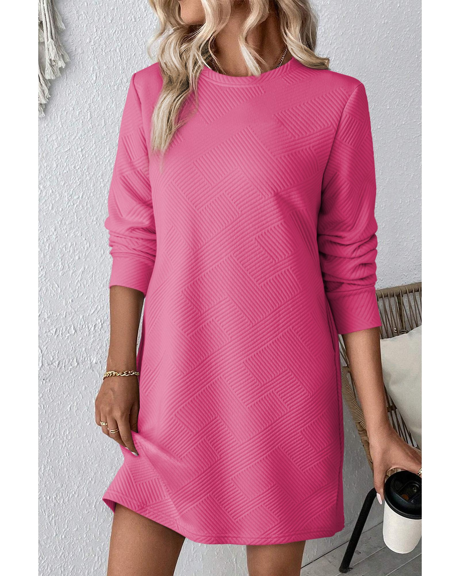 V539-AZEXDC6121814-P6-L-202508291310-00 Rose Red Solid Color Textured Long Sleeve Shift Dress - L - Image 1