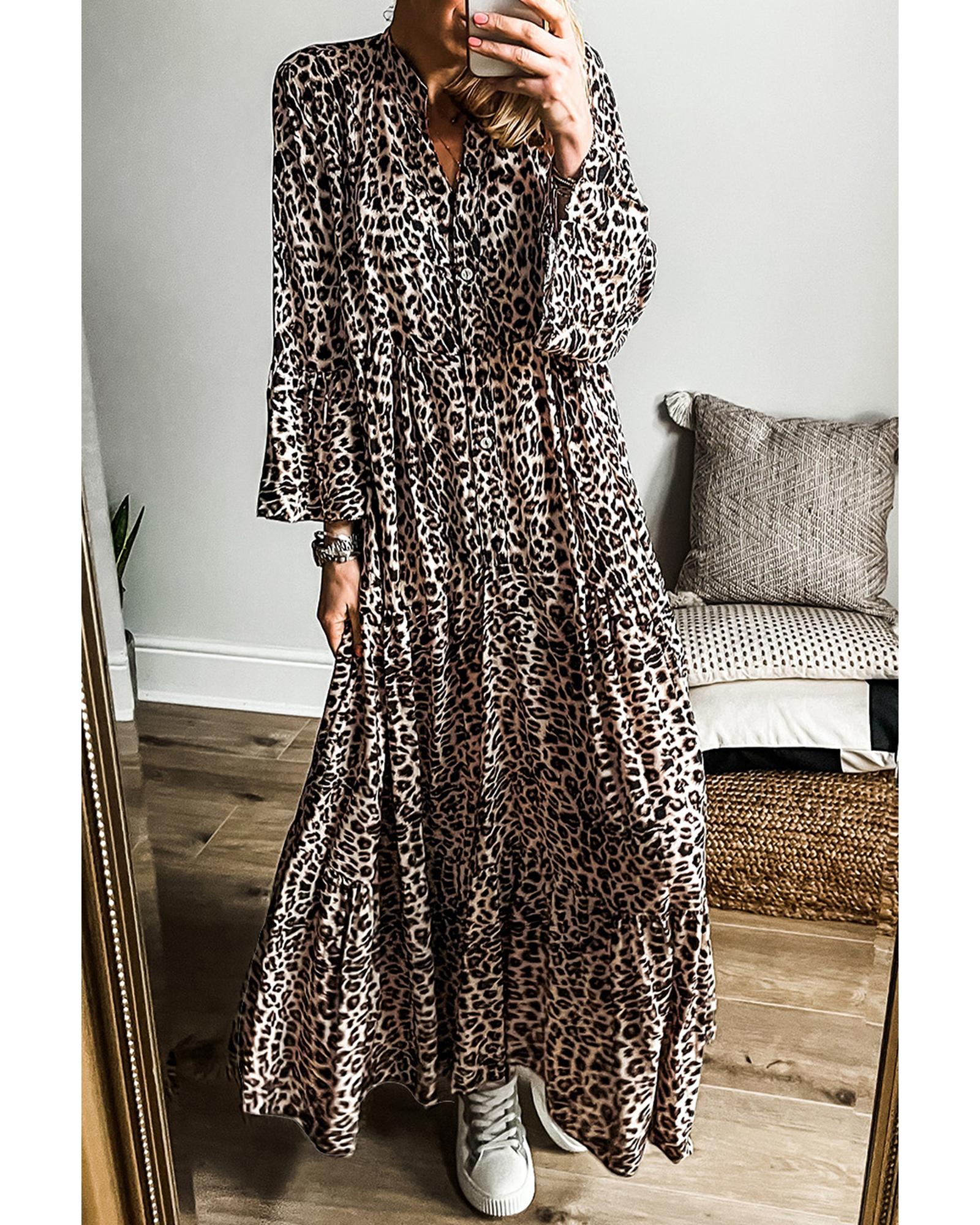 V539-AZEXDC6121844-P1820-L-202508280640-00 Apricot Leopard Print Tiered Wide Sleeve Maxi Dress - L - Image 1