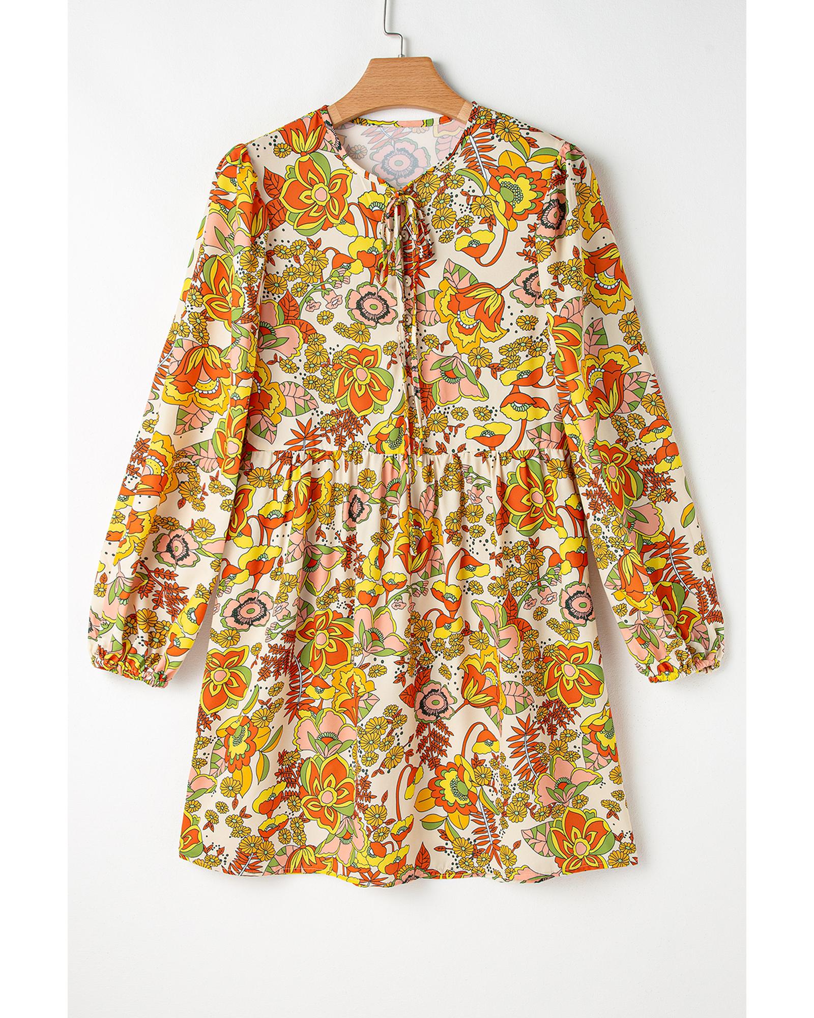 V539-AZEXDC6121984-P107-L-202508281310-00 Yellow Cream Floral Print V Neck Puff Sleeve Mini Dress - L - Image 1
