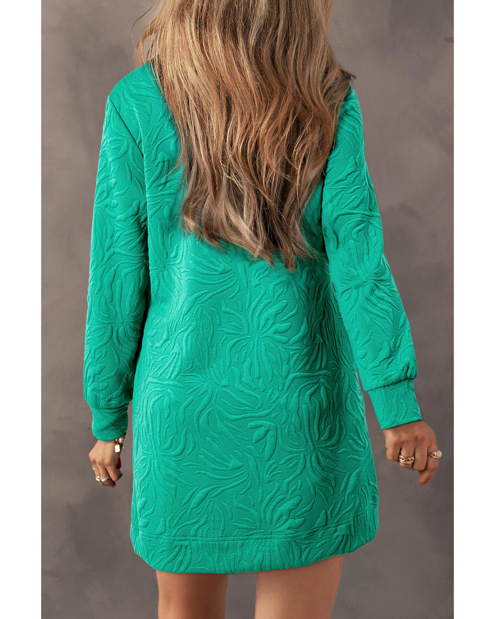 V539-AZEXDC6122011-P409-M-202506141730-00 Sea Green Jacquard Textured Quarter Zipper Shift Mini Dress - M - Image 1
