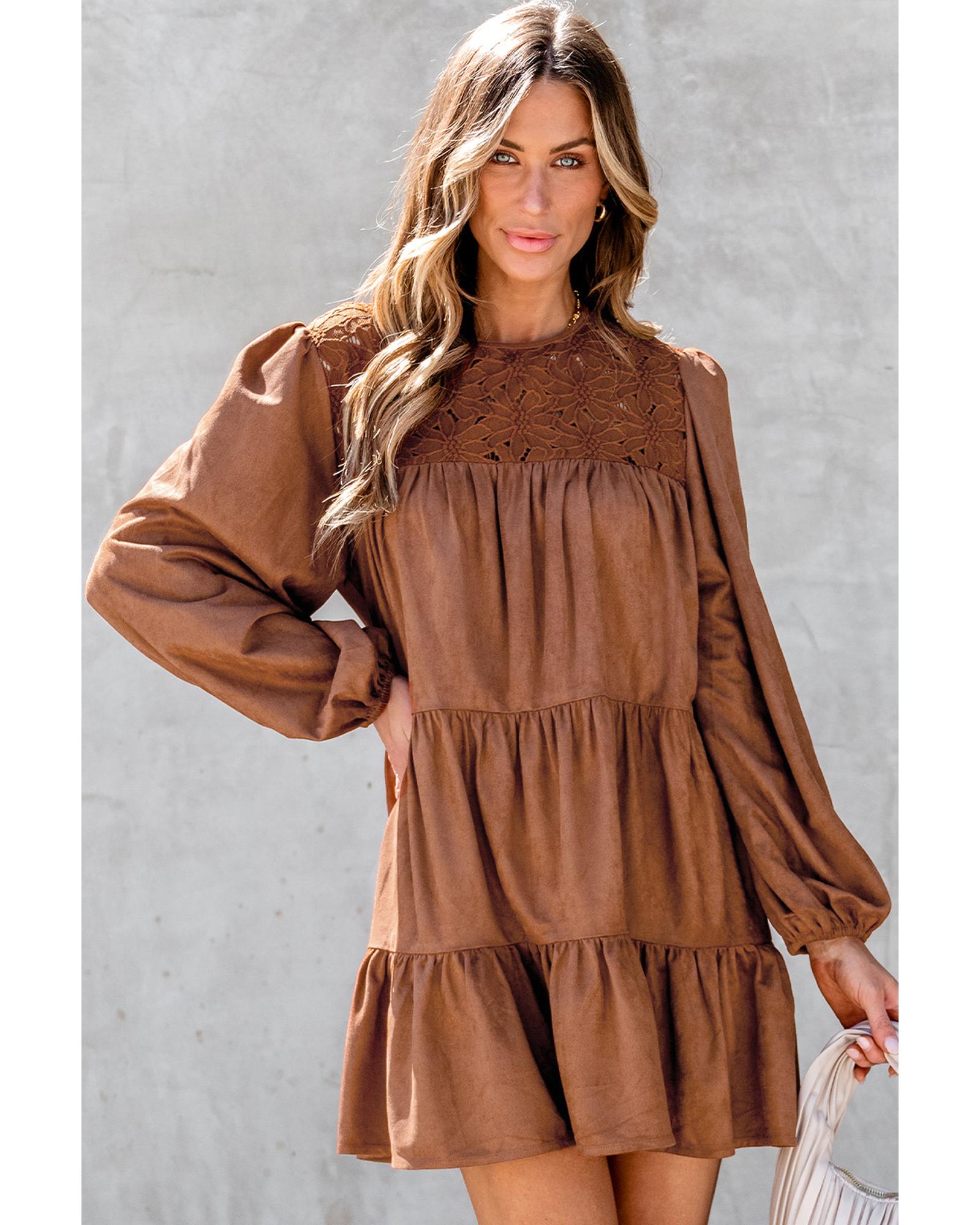 V539-AZEXDC6122188-P2017-XL-202508310730-00 Chestnut Floral Lace Crochet Tiered Ruffled Mini Dress - XL - Image 1