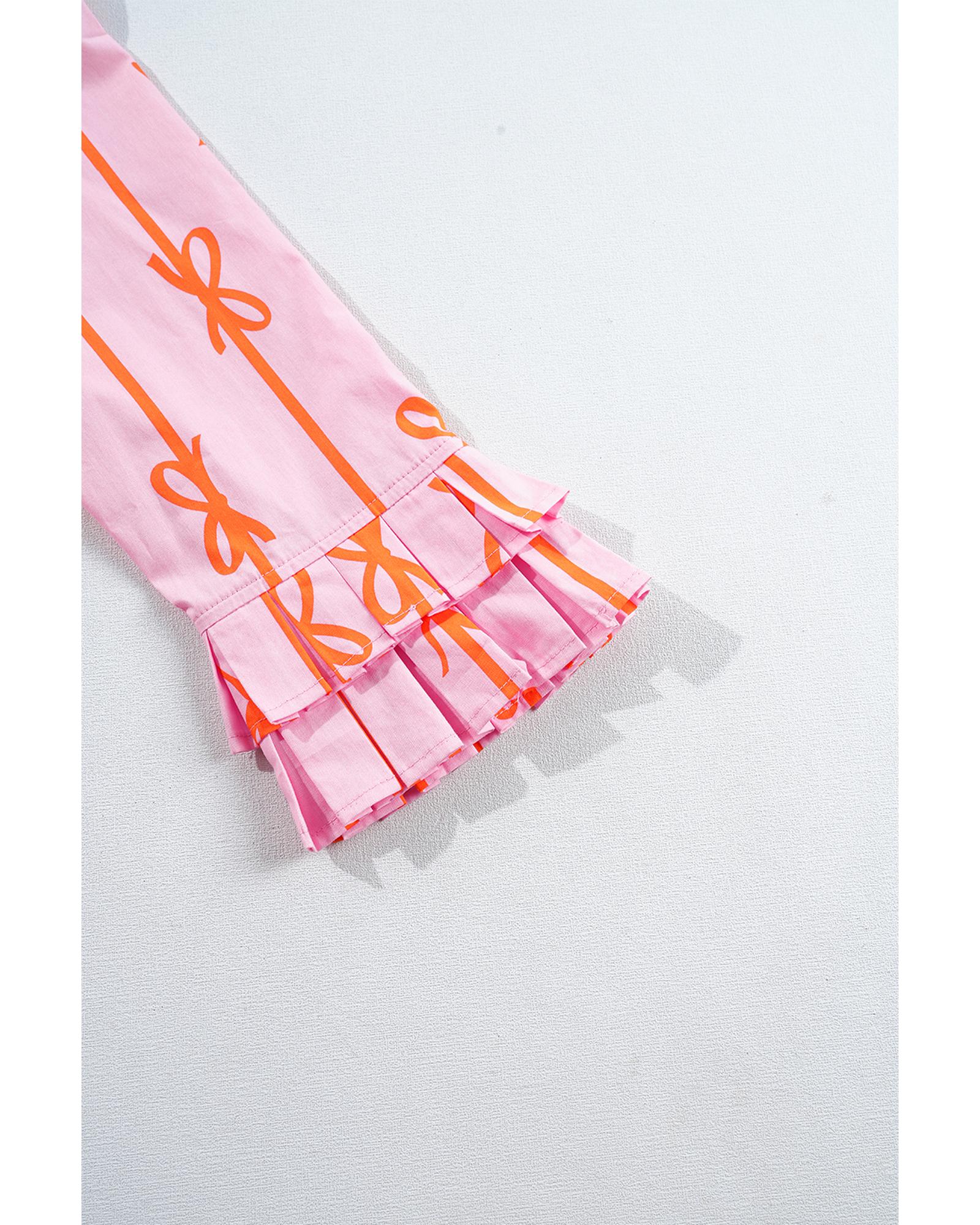 V539-AZEXDC6122262-P1022-M-202508311305-00 Pink Bowknot Striped Printed Tiered Ruffled Mini Shirt Dress - M - Image 1