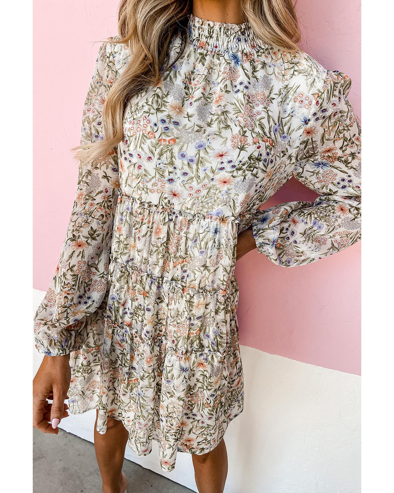 V539-AZEXDC6122288-P920-M-202508310420-00 Green Floral Print Tiered Frilled Shirred Mock Neck Mini Dress - M - Image 1