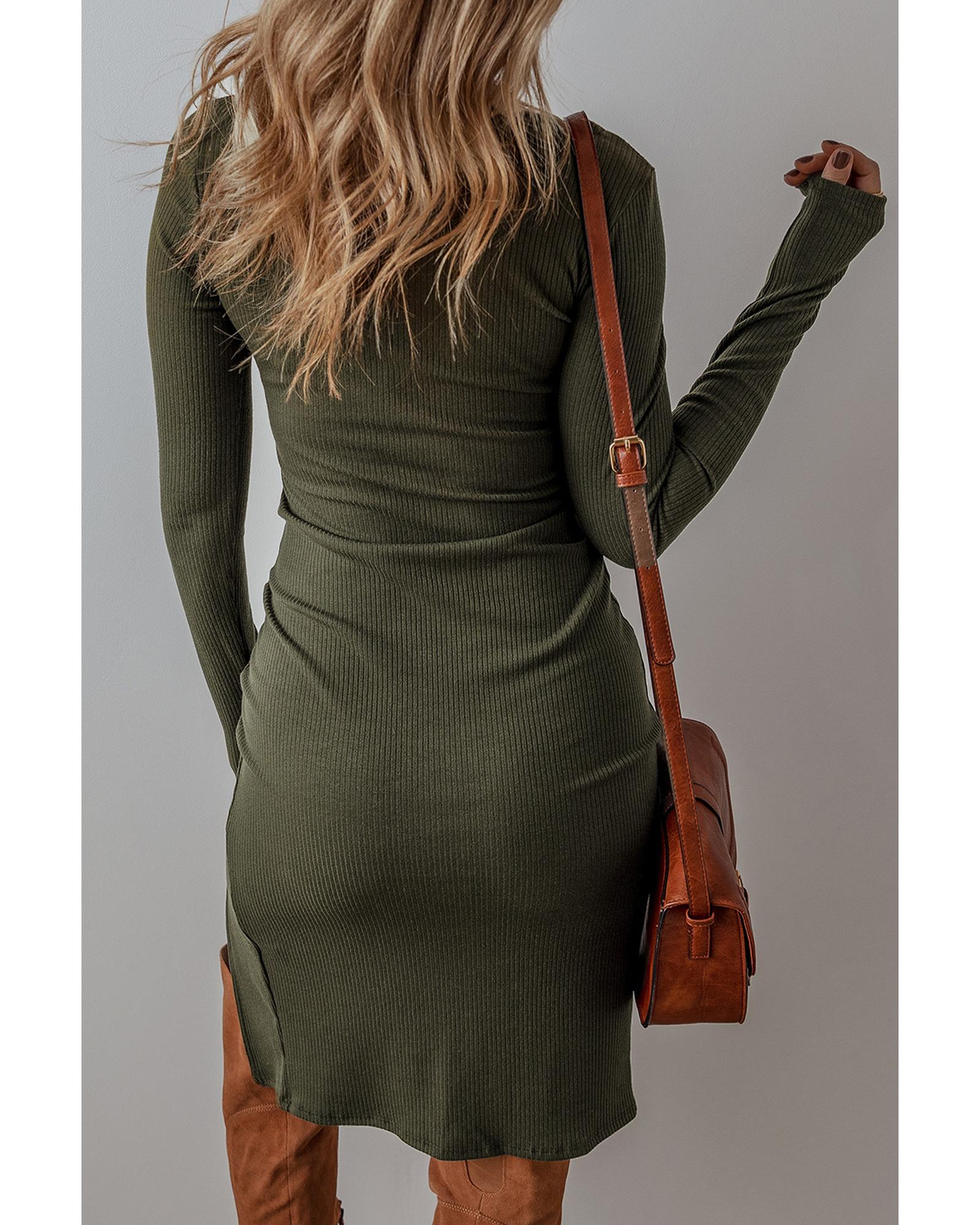 V539-AZEXDC6122400-P609-L-202508310530-00 Jungle Green Ribbed Side Slit Ruched Slim Fit Long Sleeve Mini Dress - L - Image 1