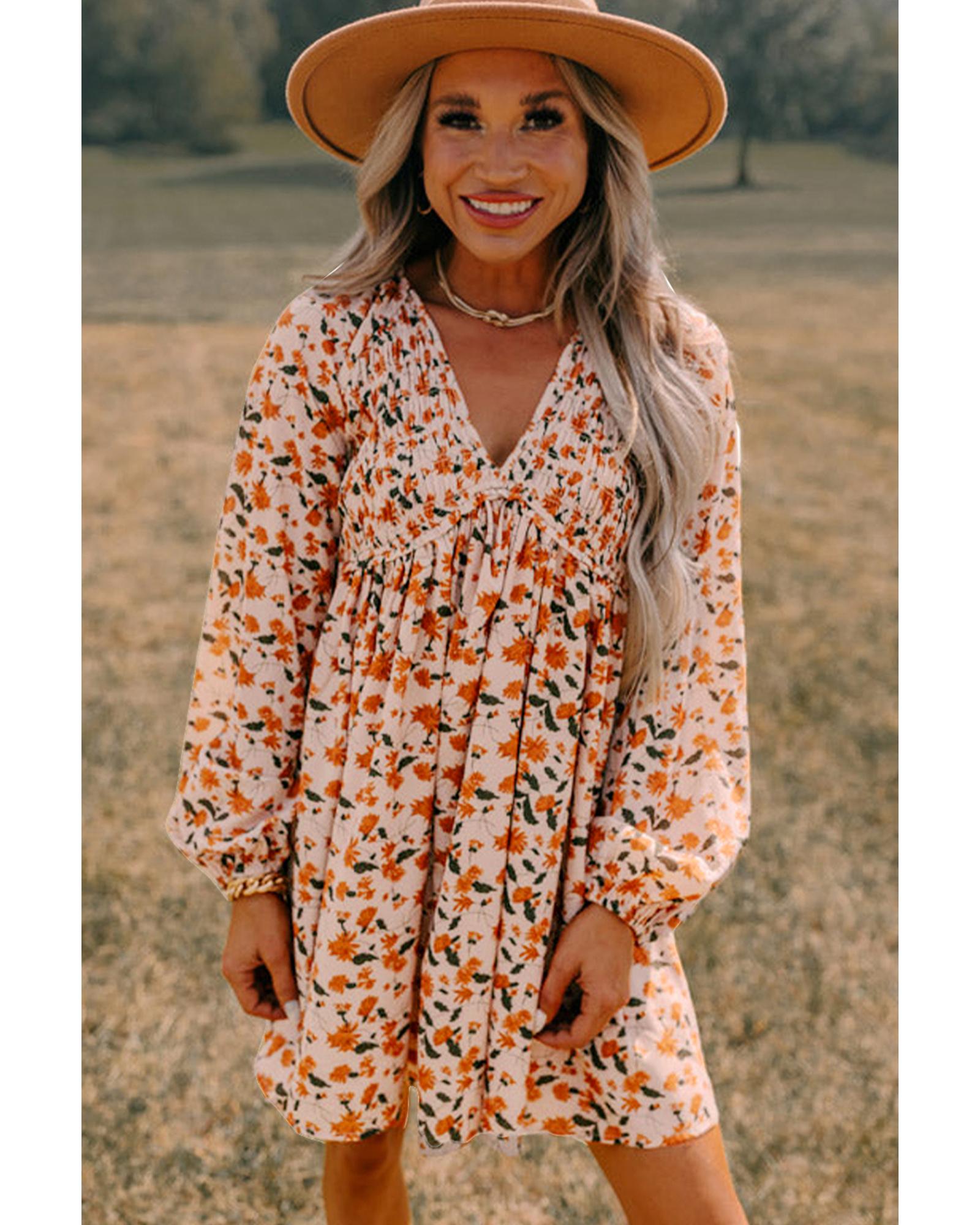 V539-AZEXDC6122407-P1520-XL-202508310835-00 Beige Floral Deep V Neck Smocked Bust Bubble Sleeve Babydoll Dress - XL - Image 1