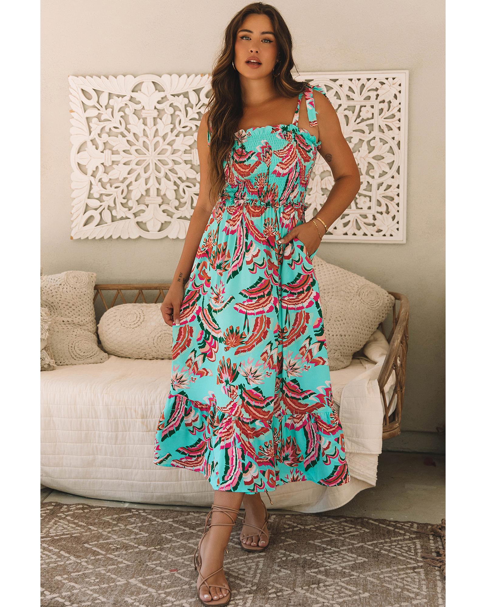 V539-AZEXDC6122434-P920-XL-202508310500-00 Green Abstract Print Smocked Bodice Knotted Straps Ruffled Maxi Dress - XL - Image 1