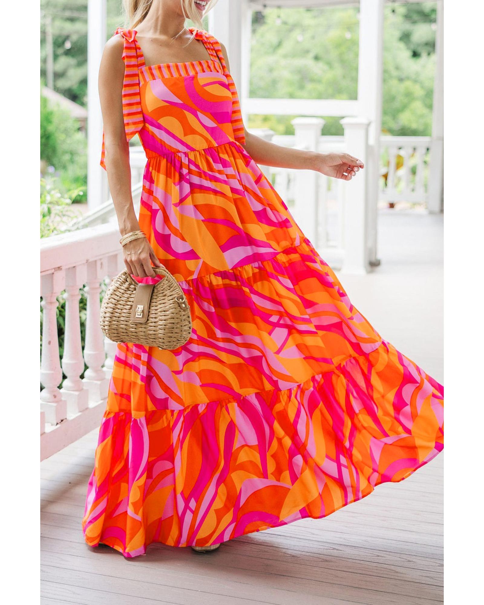 V539-AZEXDC6122443-P322-XL-202508310240-00 Red Abstract Print Knotted Shoulder High Waist Maxi Dress - XL - Image 1