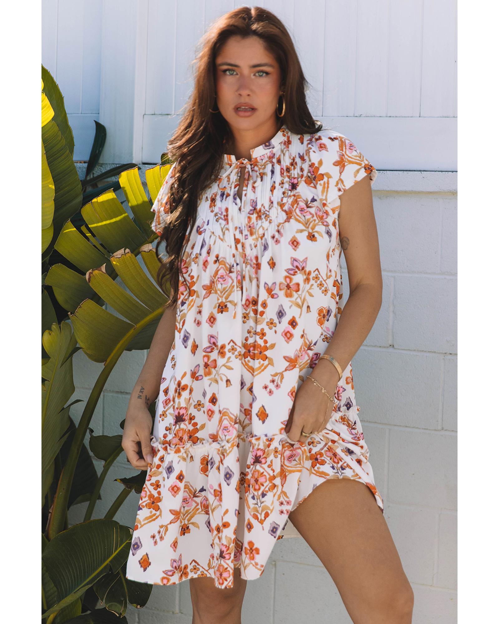 V539-AZEXDC6122444-P1820-L-202508310305-00 Apricot Floral Geometric Print Ruffled Trim Flutter Sleeve Mini Dress - L - Image 1