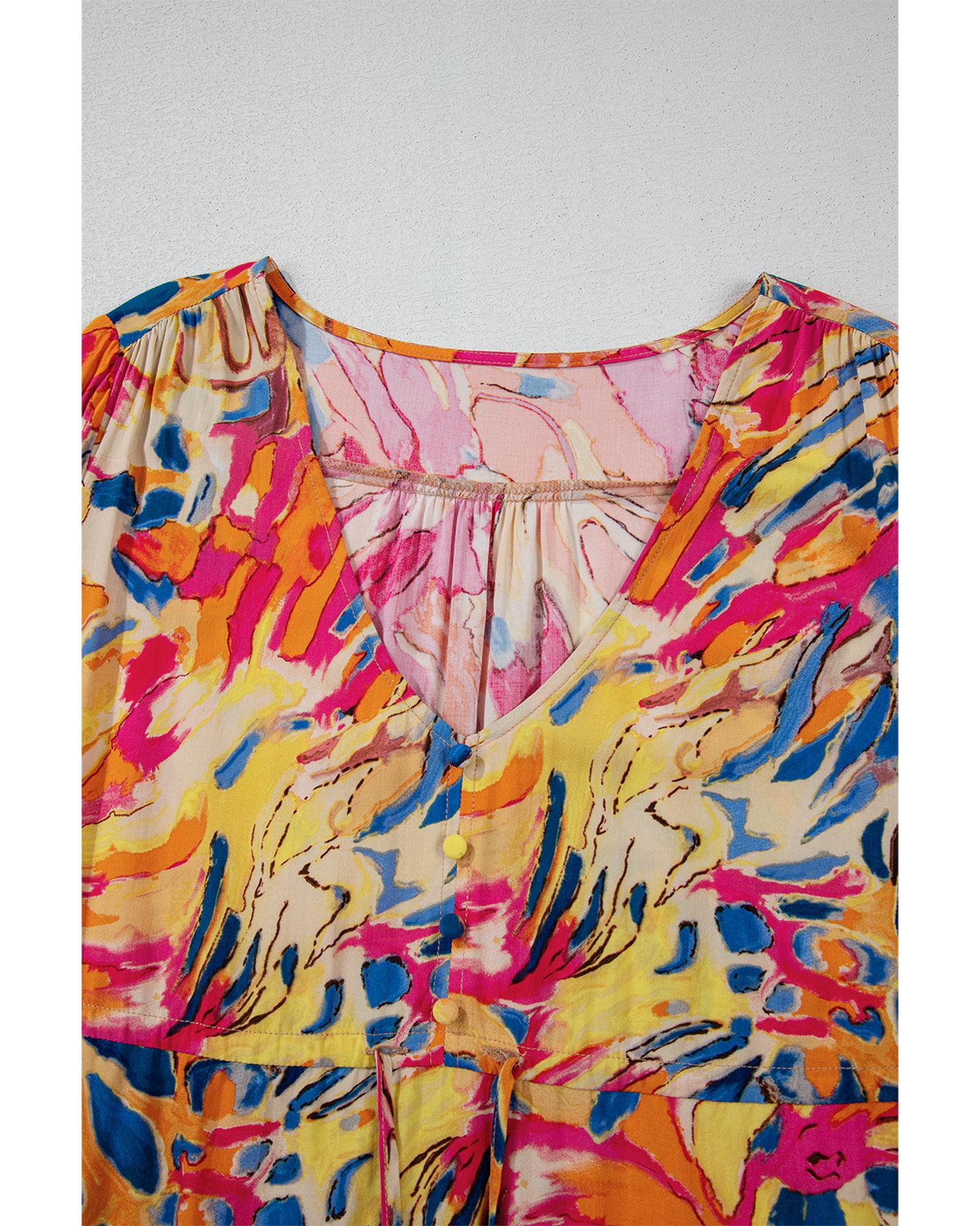 V539-AZEXDC6122458-P1020-L-202508311505-00 Pink Plant Print Flared Sleeve Ruffled Hem Tunic High Waist Flowy Dress - L - Image 1