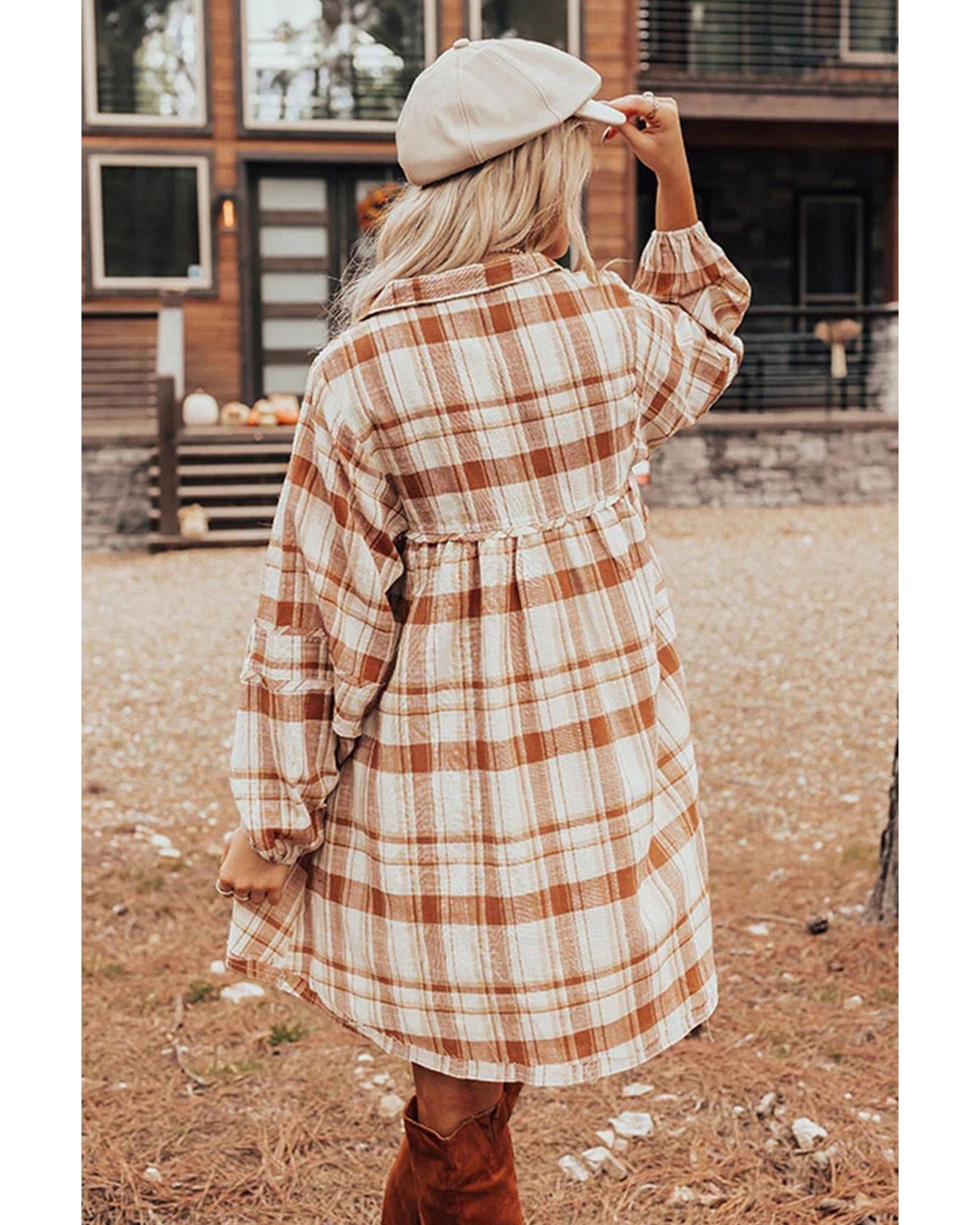 V539-AZEXDC6122498-17-XL-202508311030-00 Brown Plaid Print Side Pockets Frilled Babydoll Mini Dress - XL - Image 1