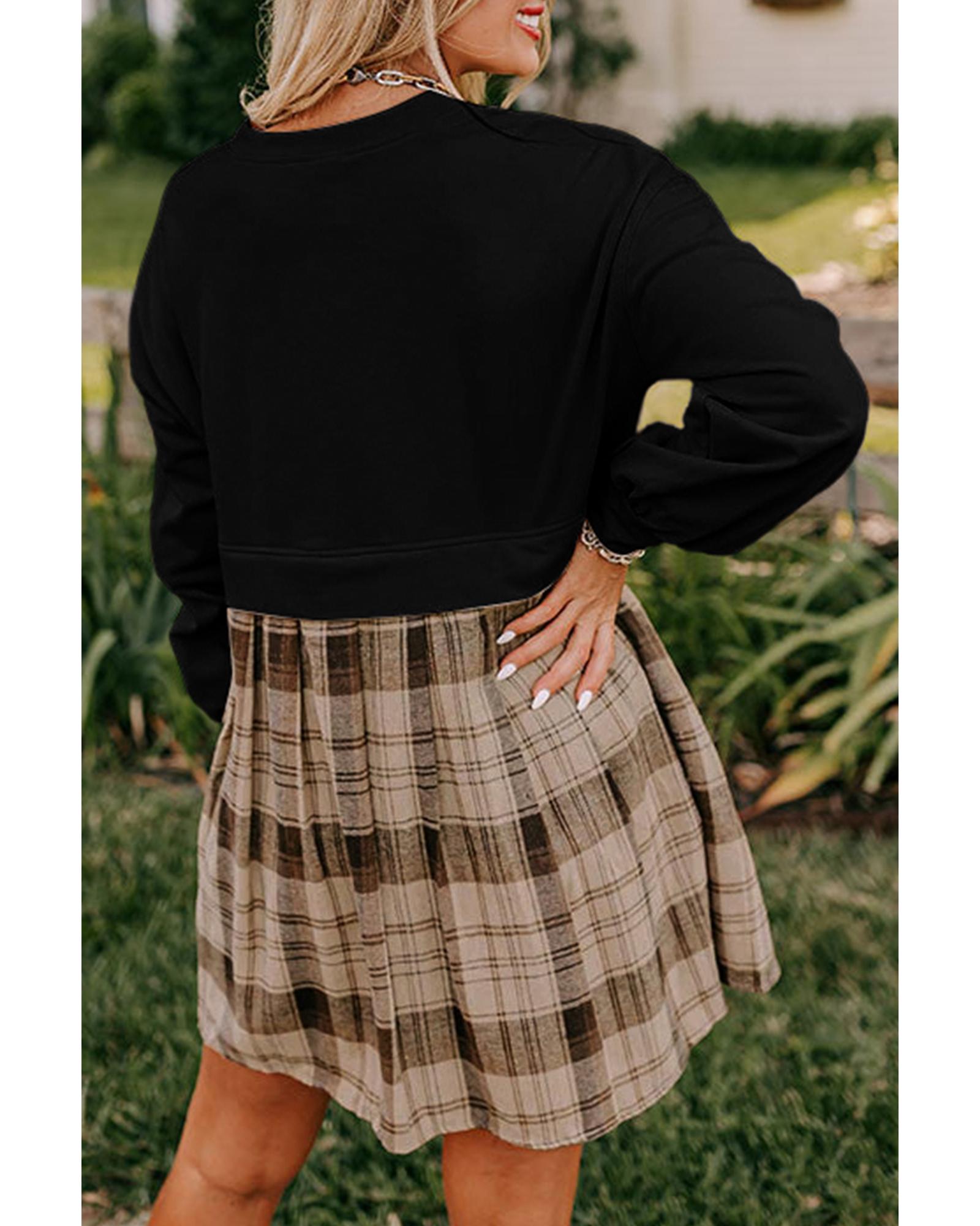 V539-AZEXDC6122499-P2-S-202506190120-00 Black Plaid Patchwork High Waist Sweatshirt Mini Dress - S - Image 1