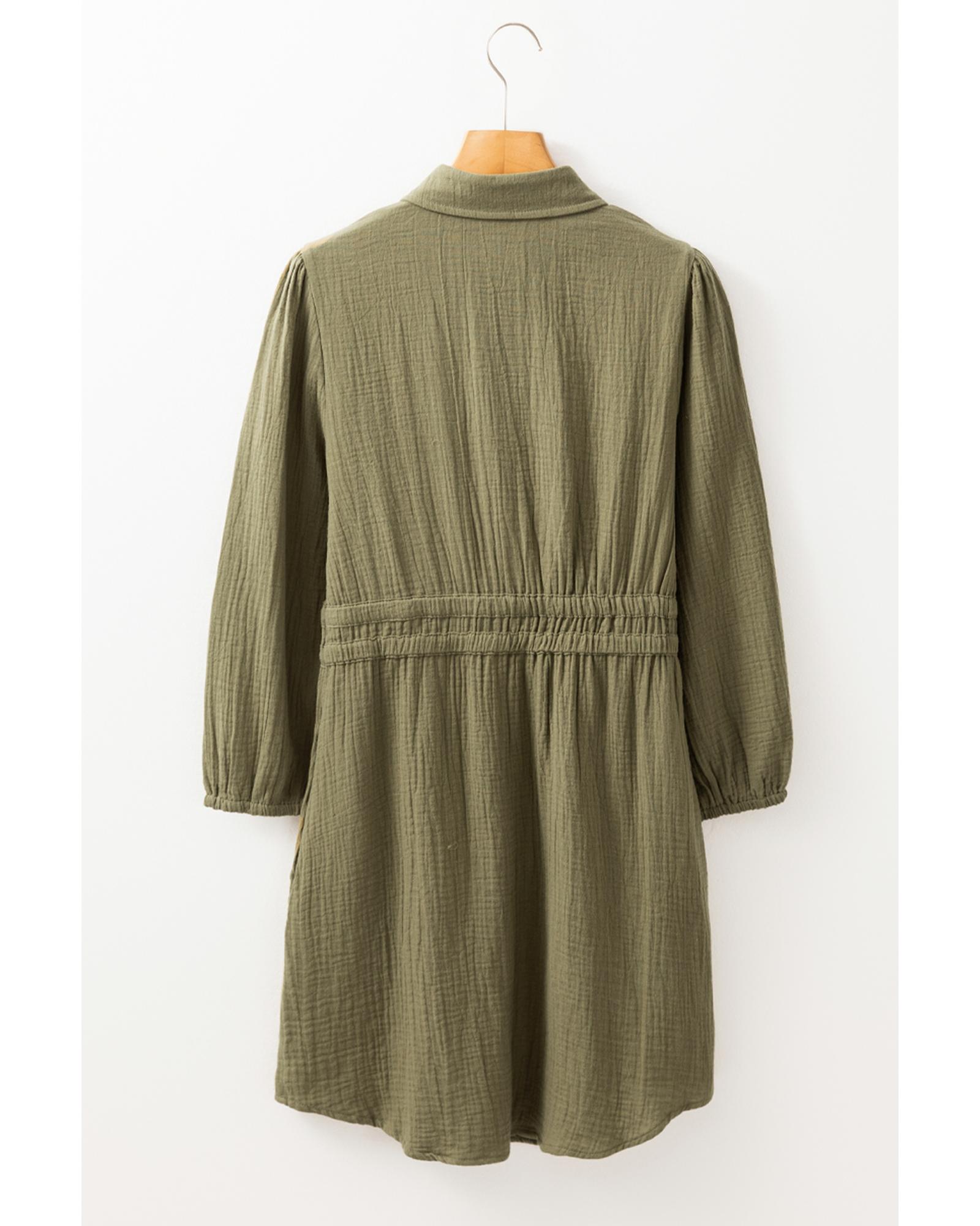 V539-AZEXDC6122514-P609-XL-202508310515-00 Jungle Green Textured Bracelet Sleeve Collared Button Up Dual Tied Mini Dress - XL - Image 1