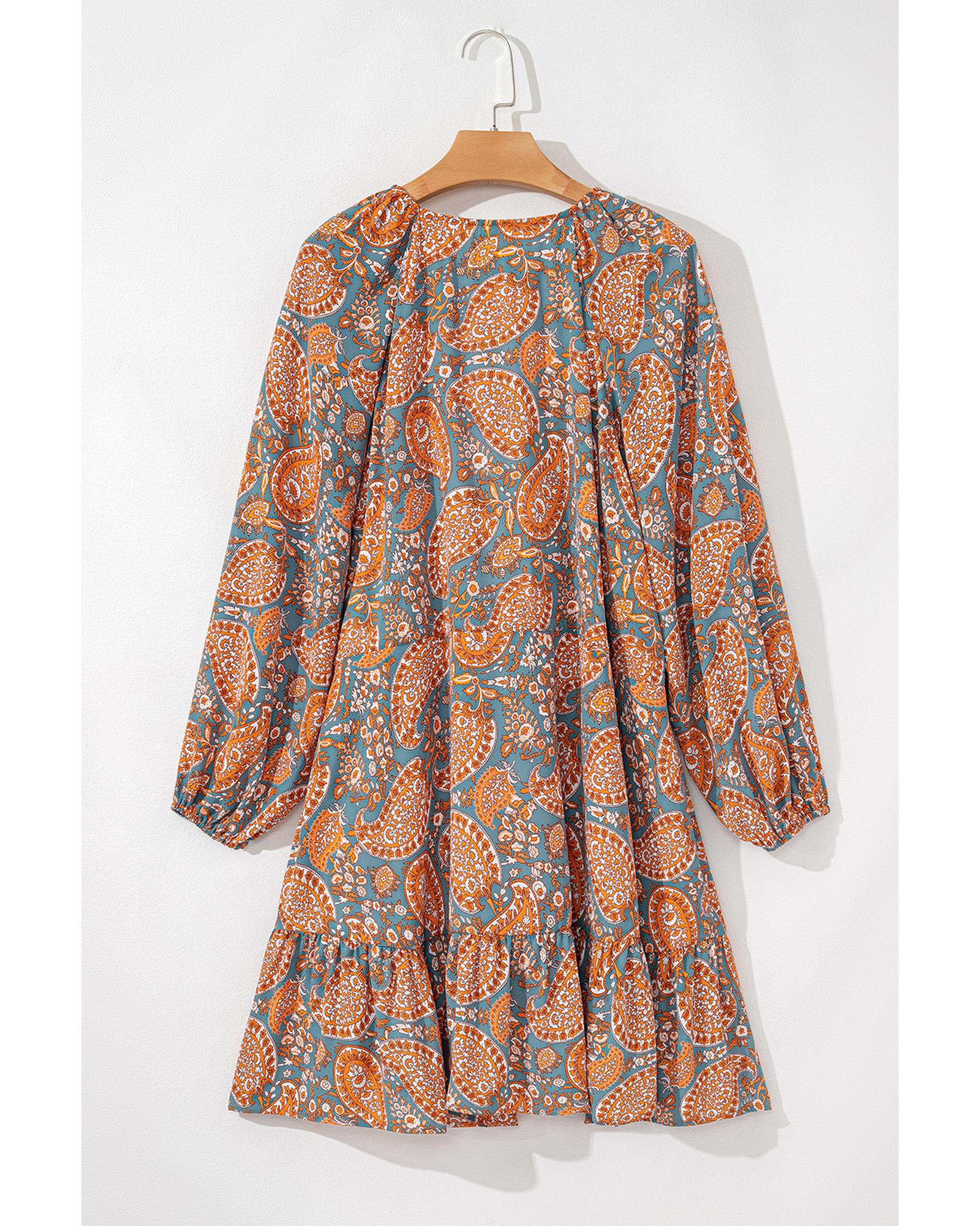 V539-AZEXDC6122555-P1420-L-202508310610-00 Orange Paisley Print Loose Fit Drawstring High Waist Mini Dress - L - Image 1