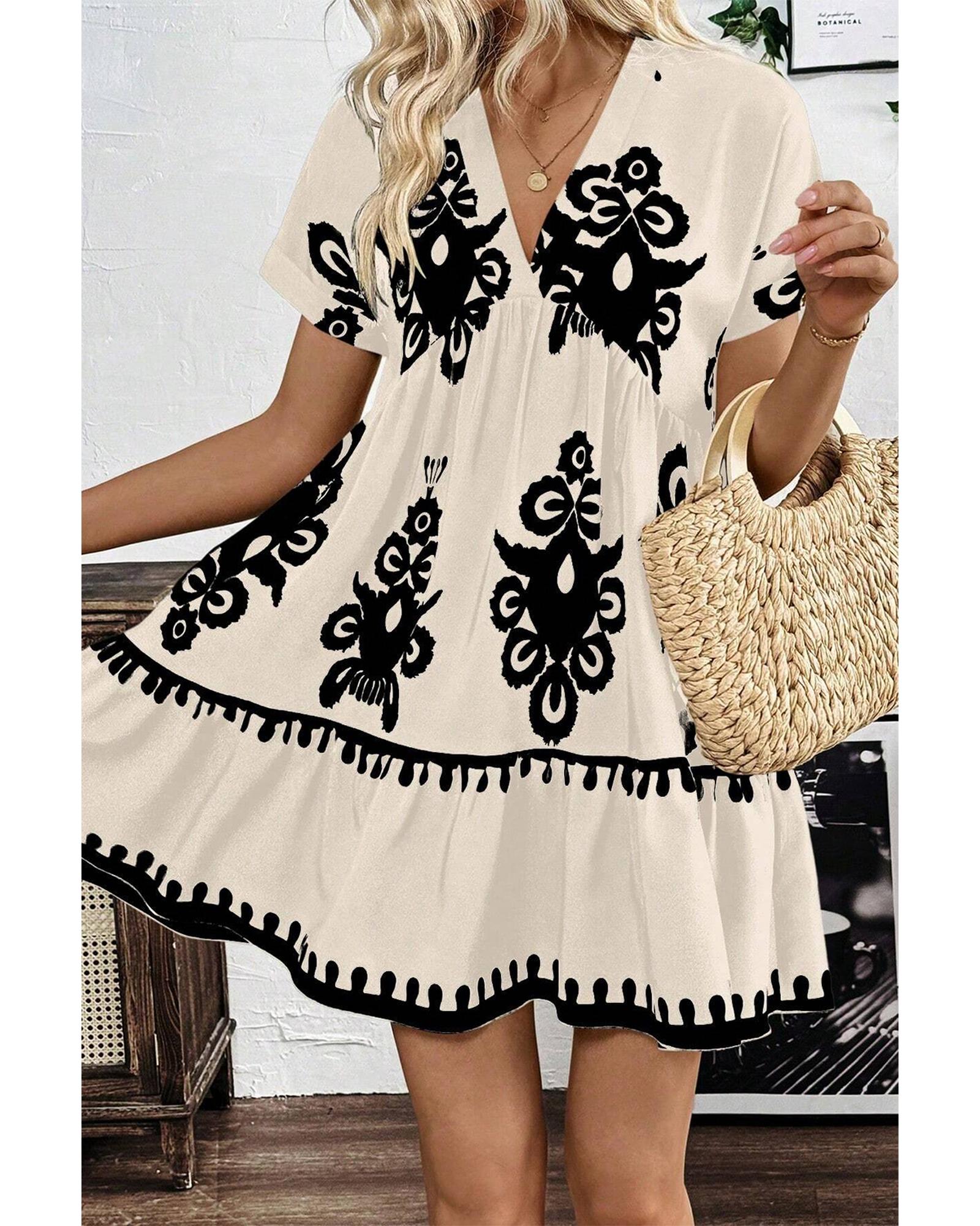 V539-AZEXDC6122628-P220-XL-202508310305-00 Black Vintage Print V Neck High Waist Short Sleeve Dress - XL - Image 1