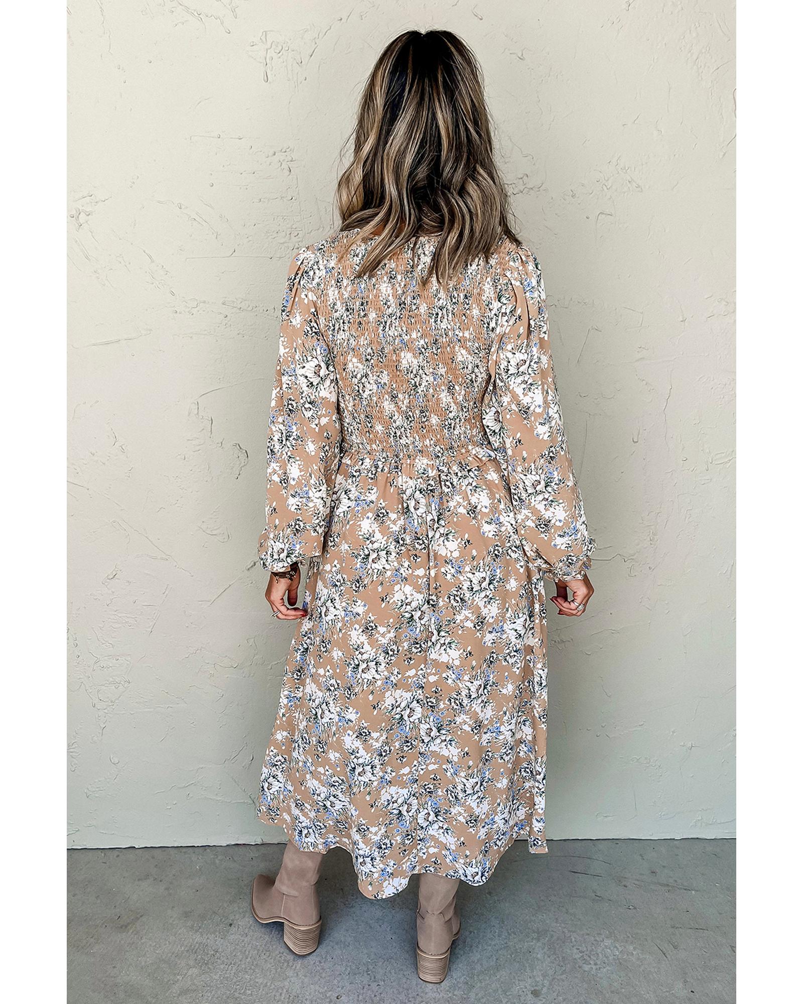 V539-AZEXDC6122652-P1620-L-202508310450-00 Khaki Maple Grove Floral Smocked Puff Sleeve Long Dress - L - Image 1