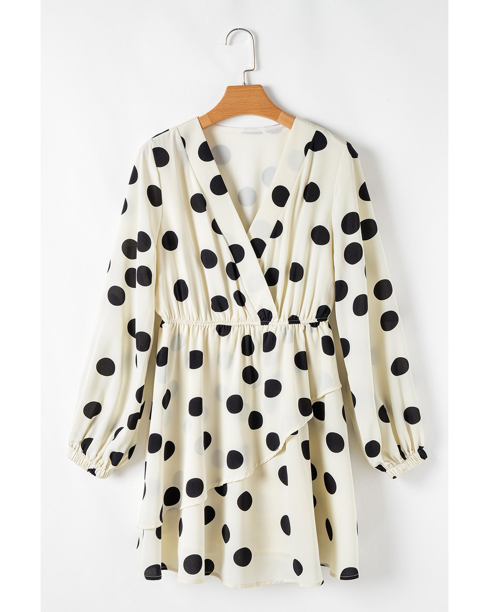 V539-AZEXDC6122746-P15-XL-202508311345-00 Beige Polka Dot Printed Surplice V Neck Puff Sleeve Mini Dress - XL - Image 1